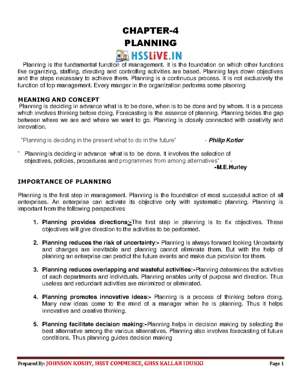 XII Business Study Ch4 - CHAPTER- PLANNING Planning Is The Fundamental ...