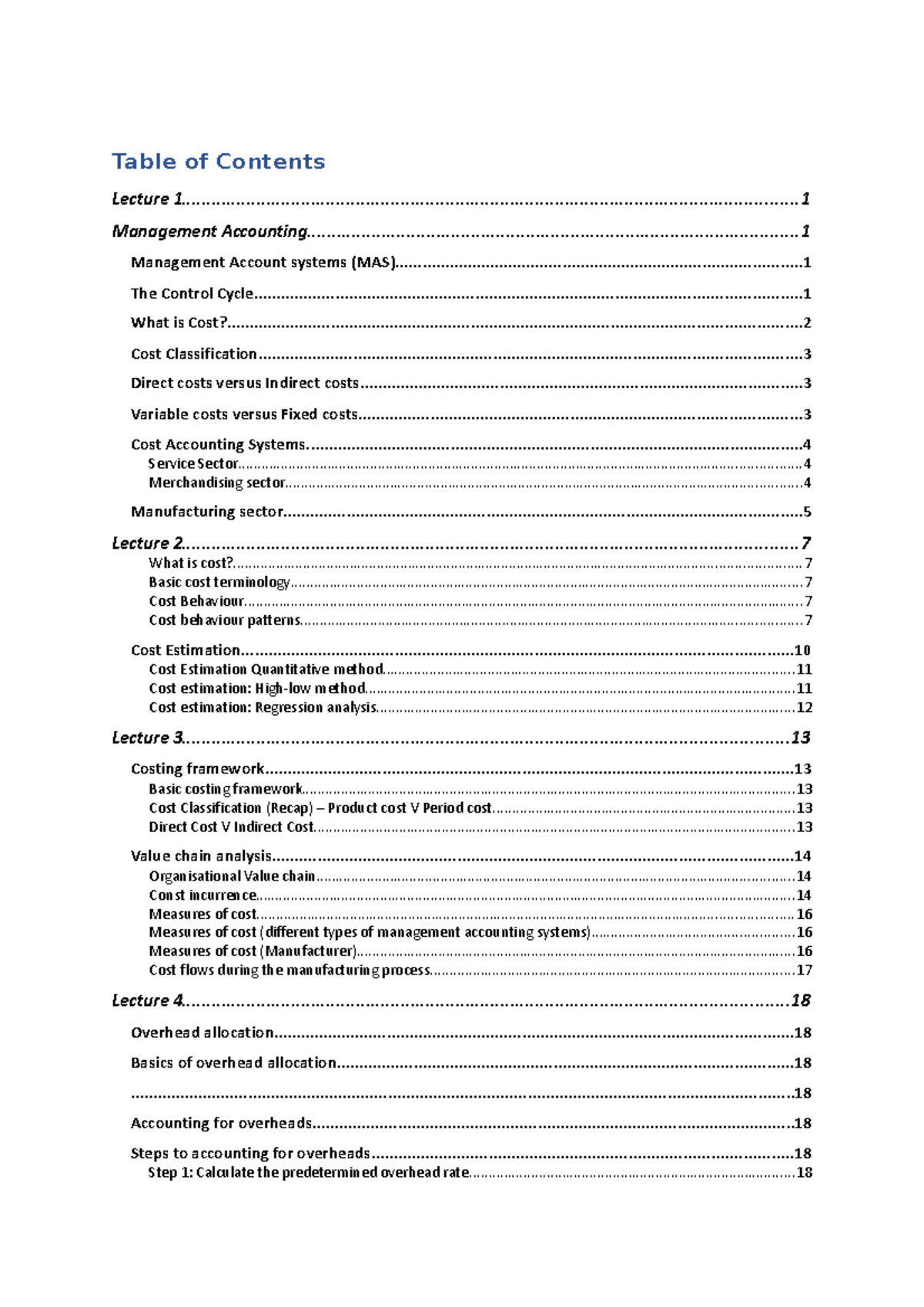 Cost management systems notes - Table of Contents Lecture - Studocu