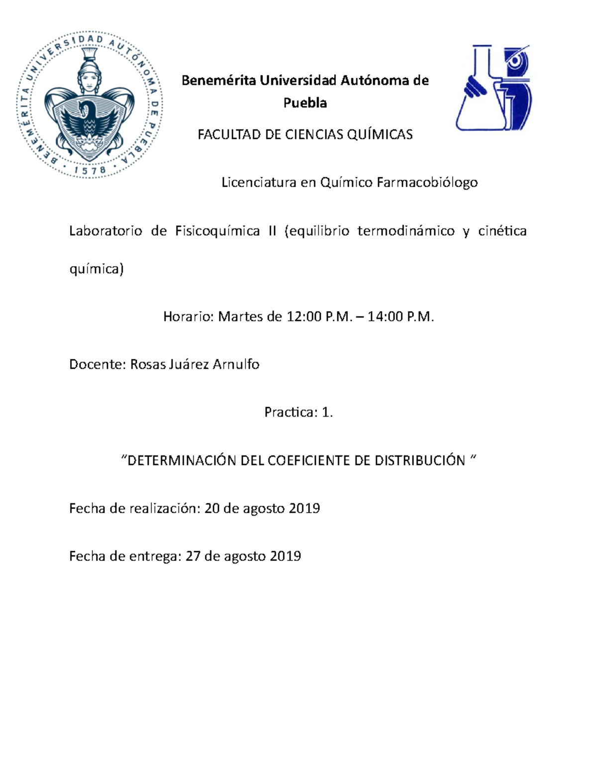 Coeficiente De Distribucion Fisicoquimica Benemérita Universidad Autónoma De Puebla Facultad 9137