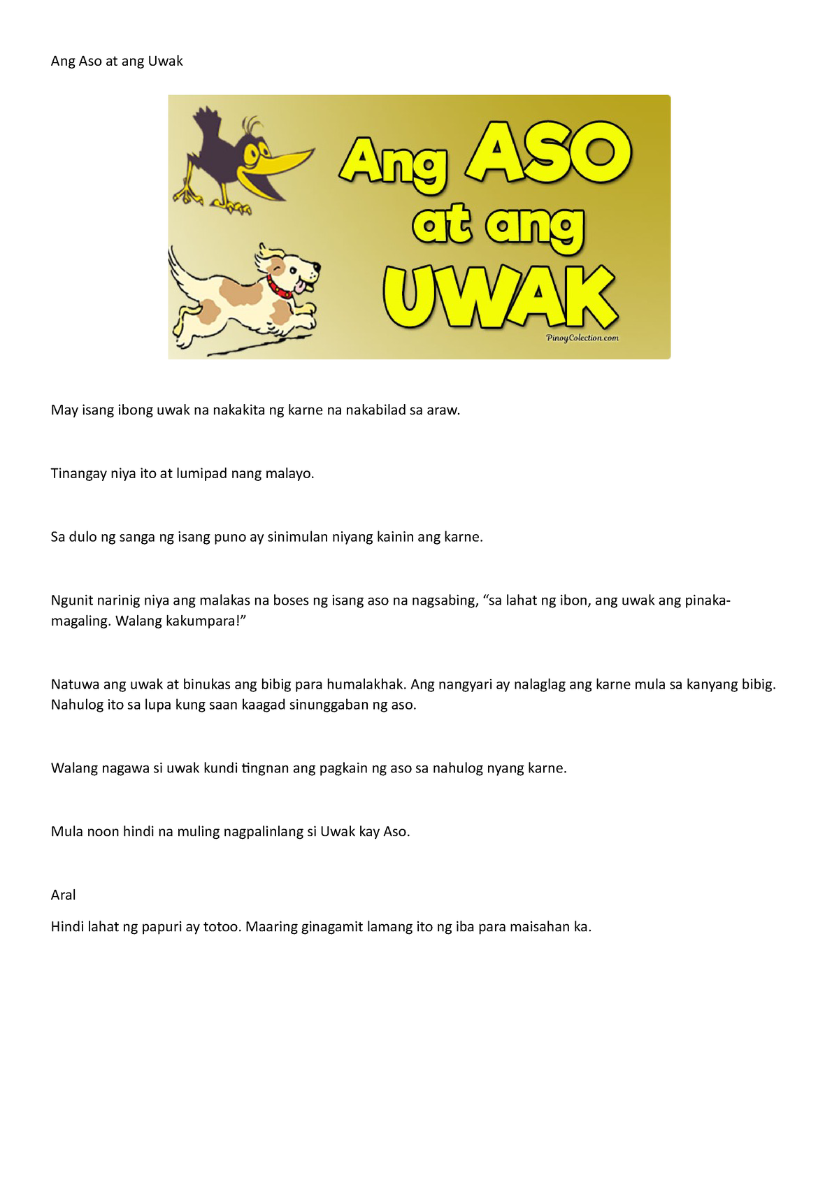 Ang Aso At Ang Uwak Pabula Ang Aso At Ang Uwak May Isang Ibong Uwak 2416