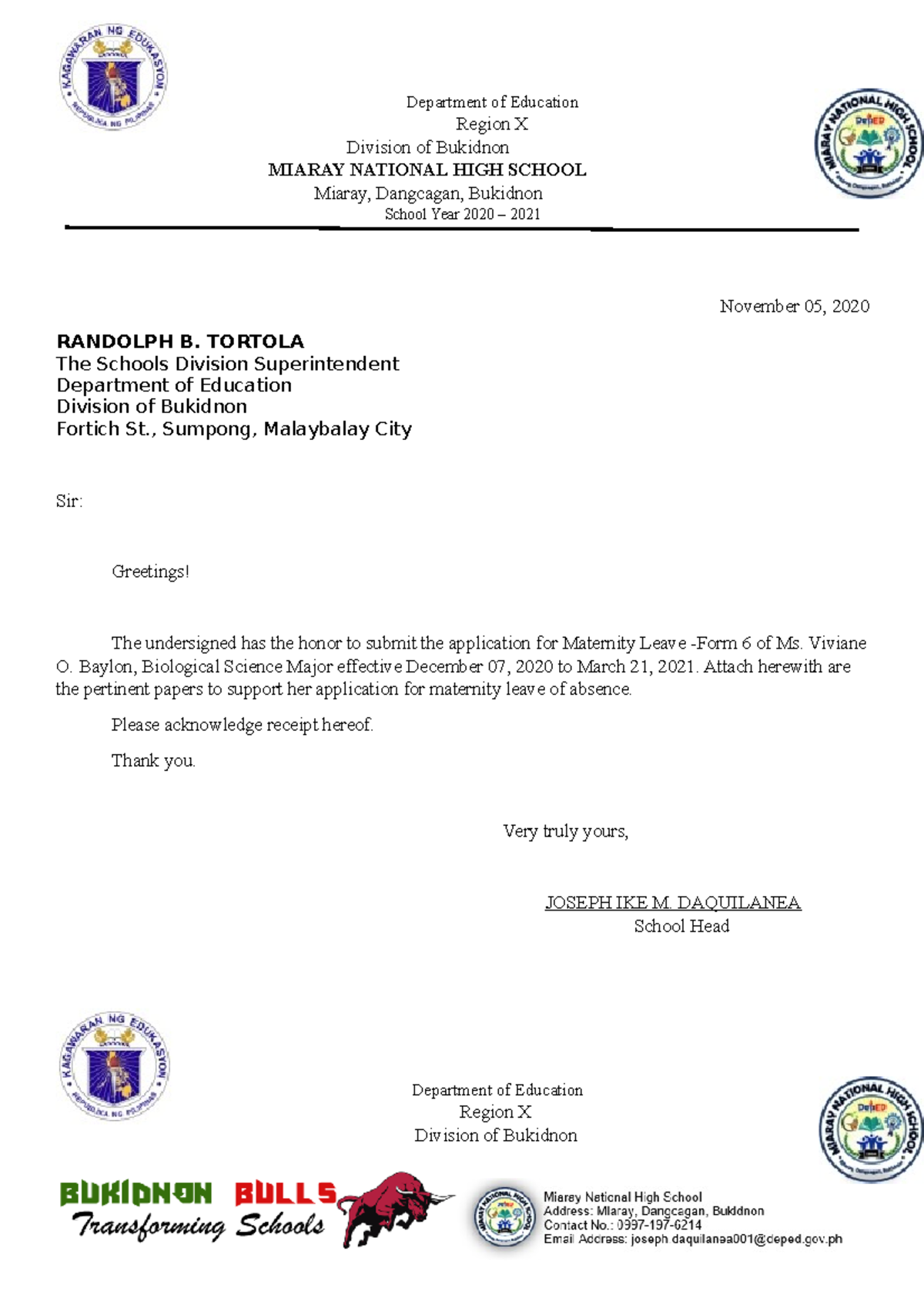 Maternity Leave Department Of Education Region X Division Of Bukidnon