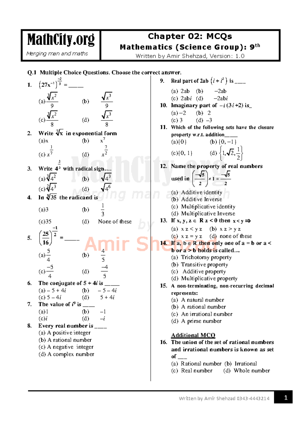 9th science unit 02 mcqs ptb - Written by Amir Shehzad 0343-4443214 1 ...