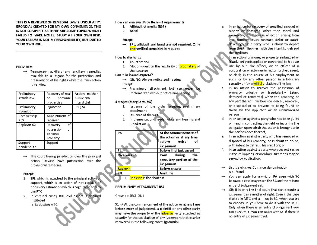 Remedial law 2 reviewer (atty. brondial class) THIS IS A REVIEWER OF