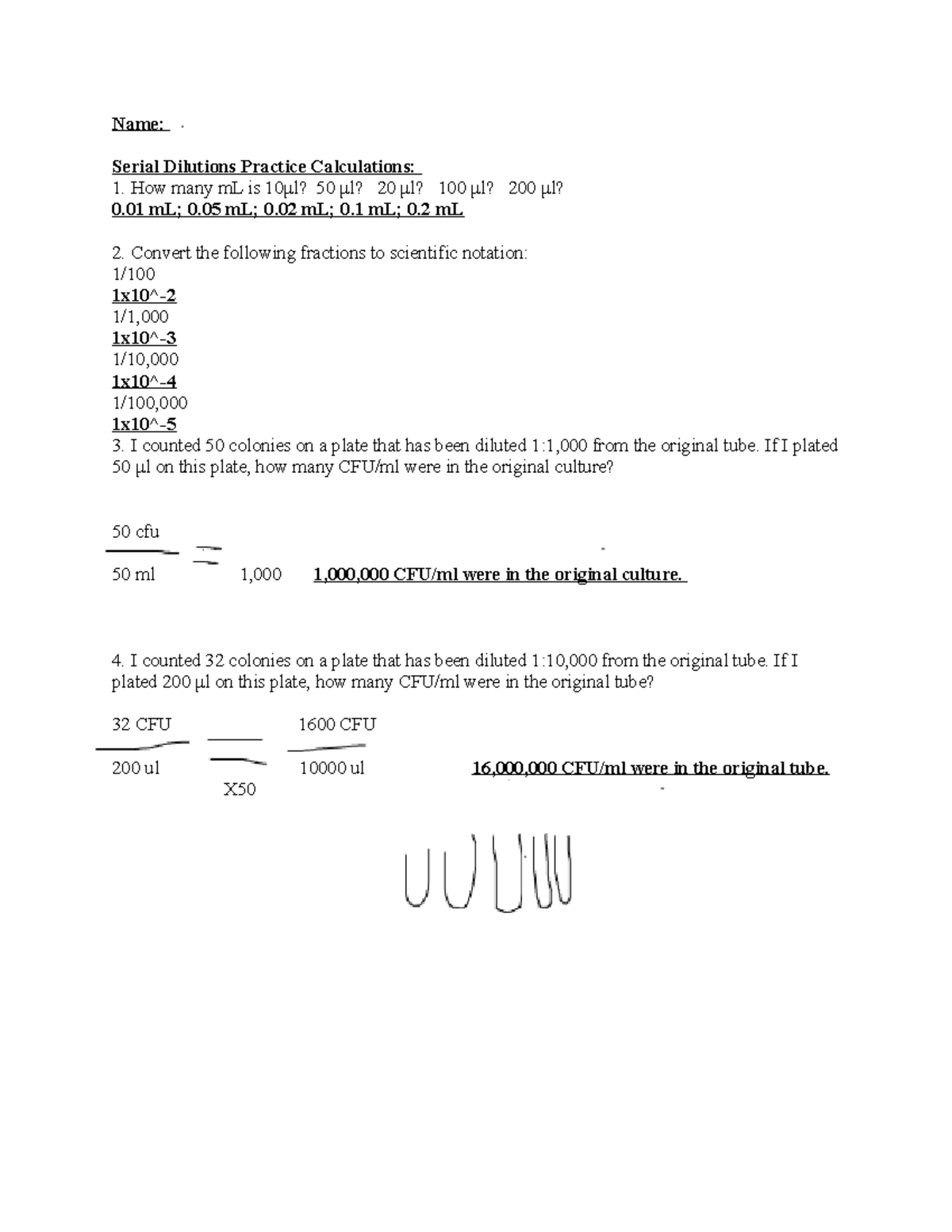 Serial Dilutions Wksht Name Serial Dilutions Practice Calculations