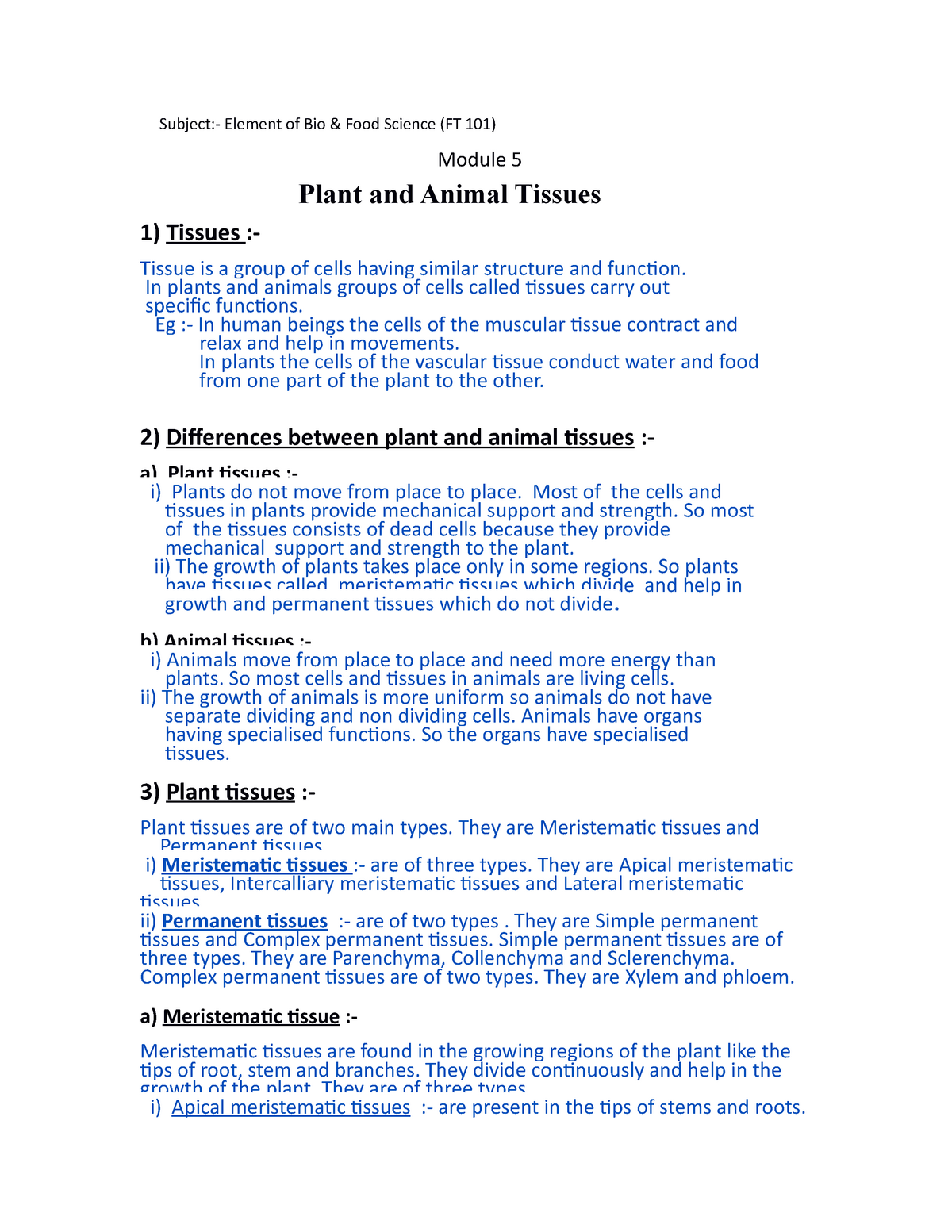 EBFS-5(Plant and Animal Tissues) - Subject:- Element of Bio & Food  Science (FT 101) Module 5 - Studocu