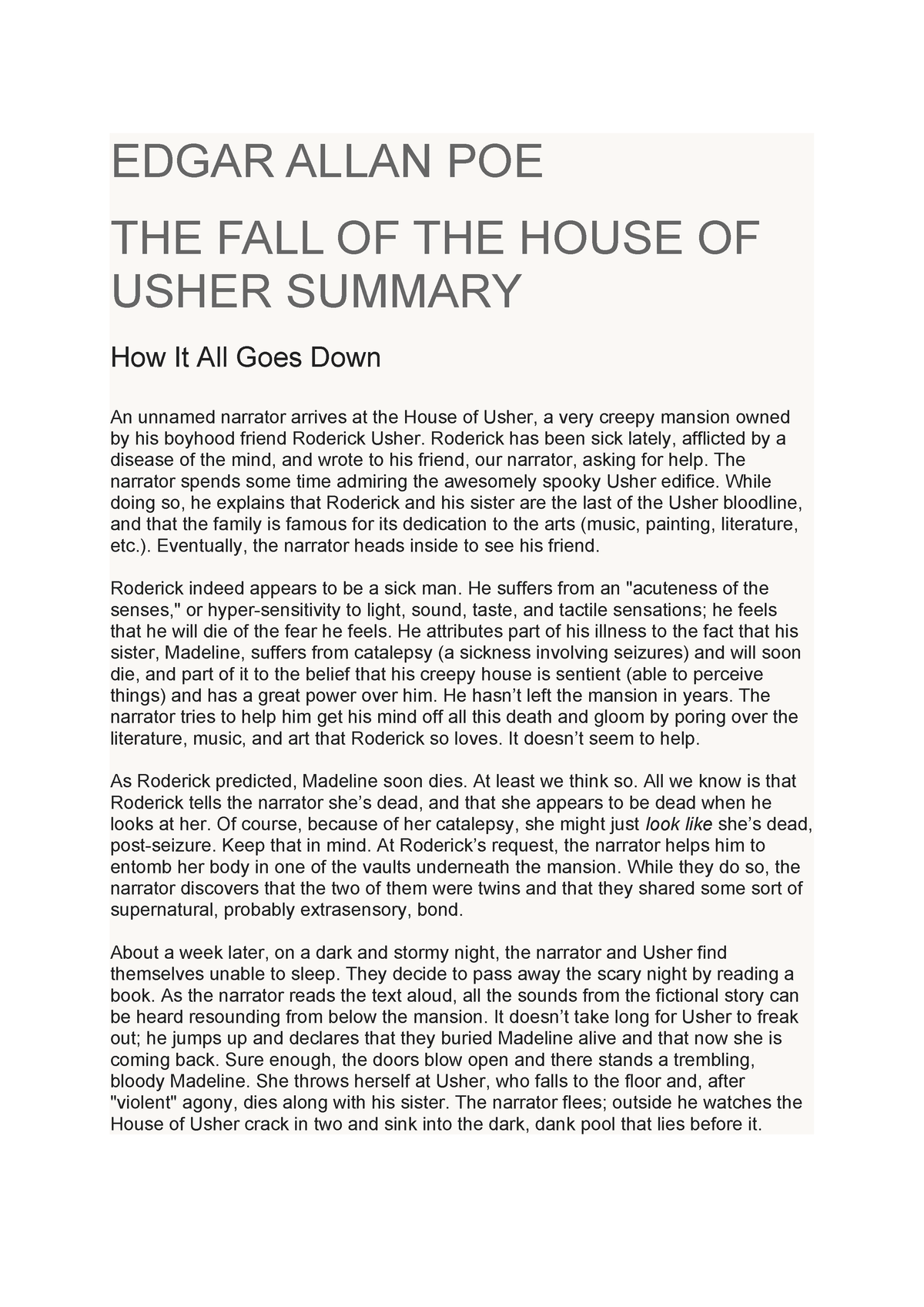 synopsis of the fall of the house of usher