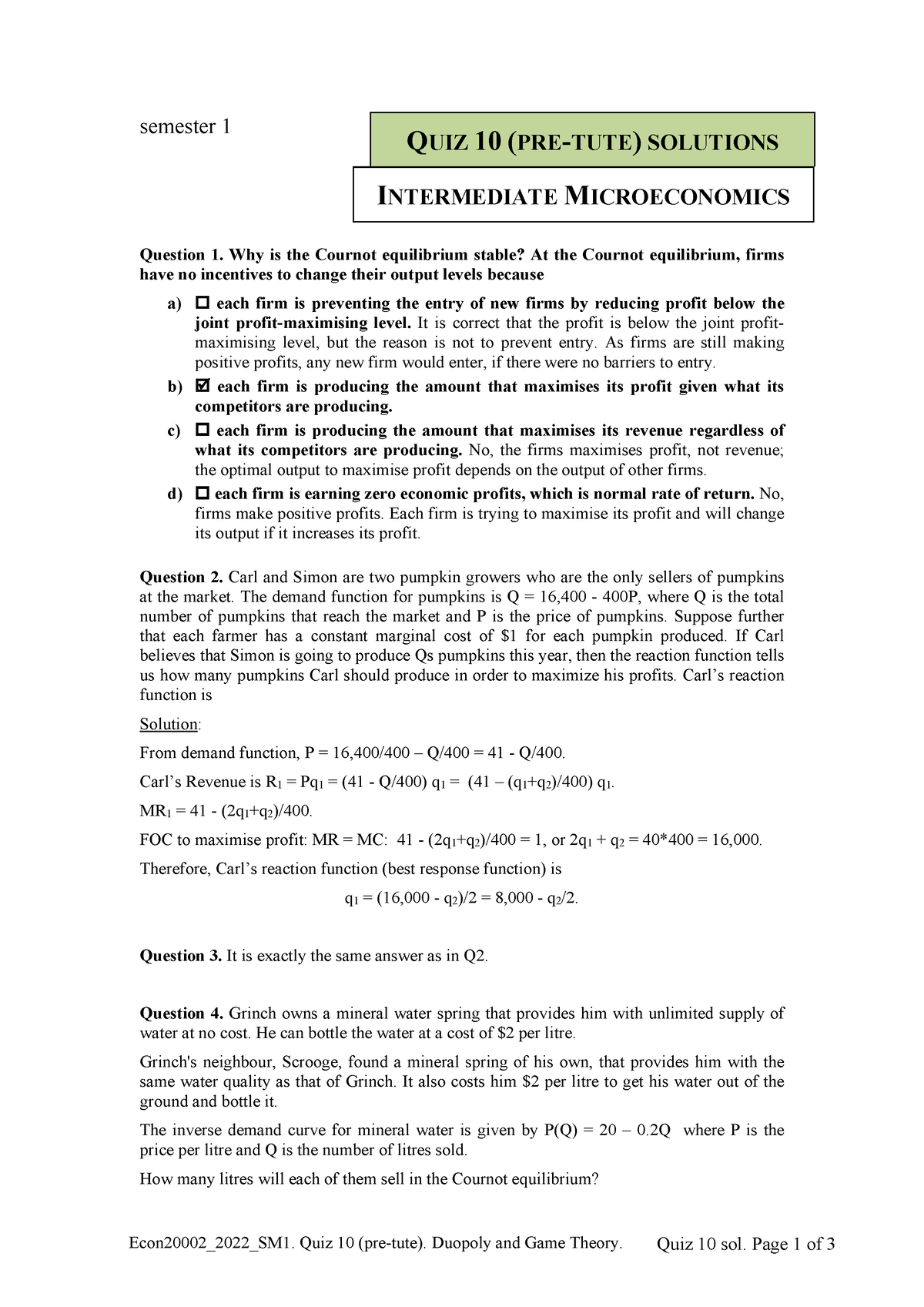 2000 2-Quiz 10 (pre-tute) Sol - Econ20002_2022_SM1. Quiz 10 (pre-tute ...