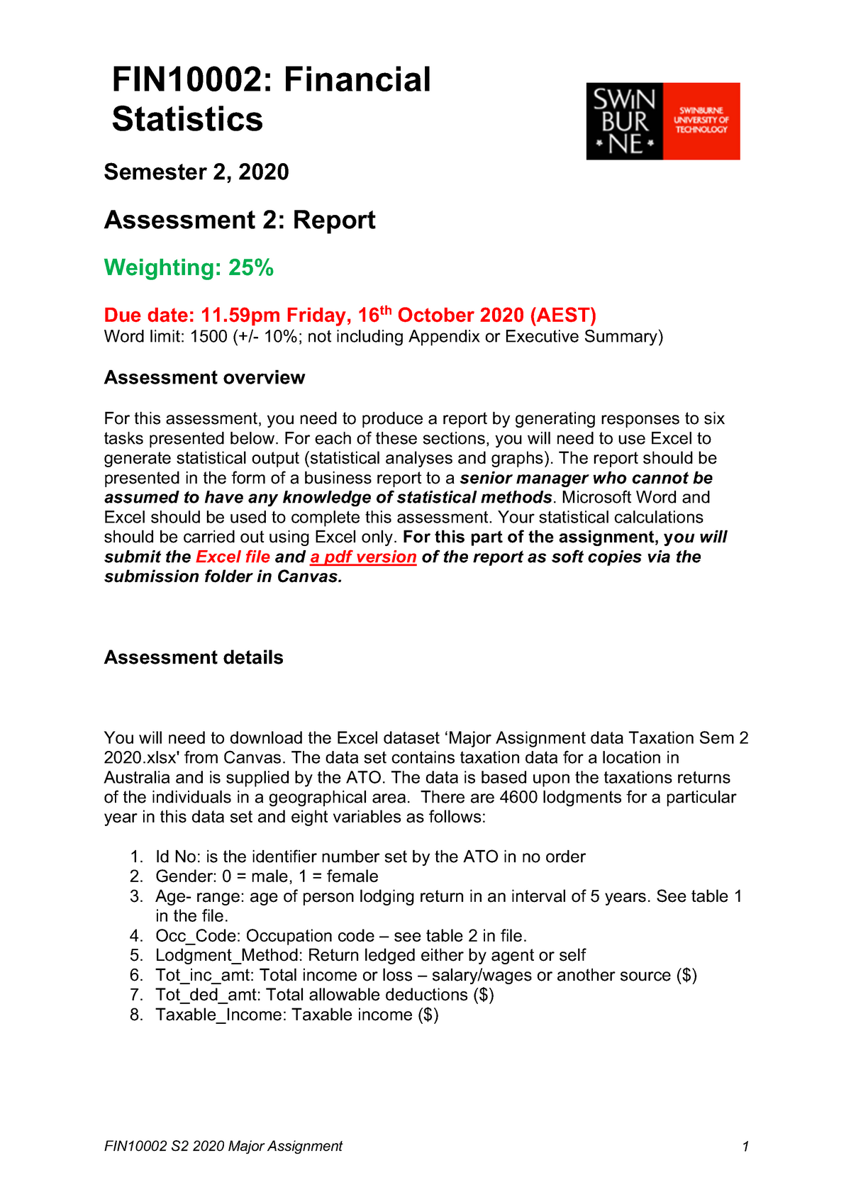 fin10002 financial statistics assignment 2 major assignment