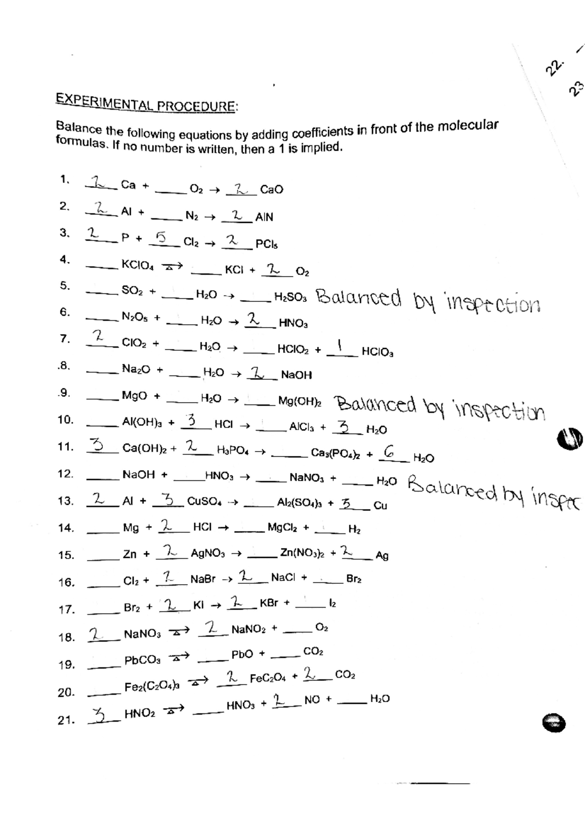 Balancing Equations Lab Chemistry 095 ( Filled Out) Doc - Chem 095 