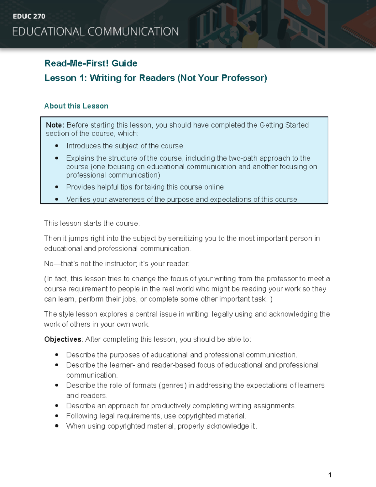 EDUC270 L1 Read Me First - Read-Me-First! Guide Lesson 1: Writing for ...