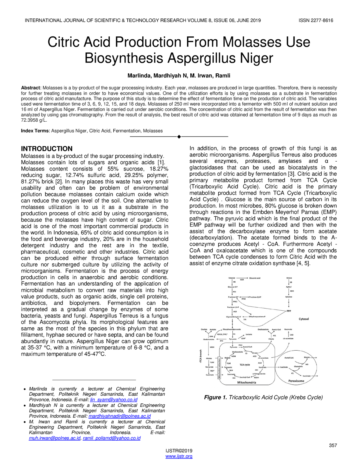 Citric Acid Production From Molasses Use Biosynthesis Aspergillus Niger 357 Ijstr© Citric Acid