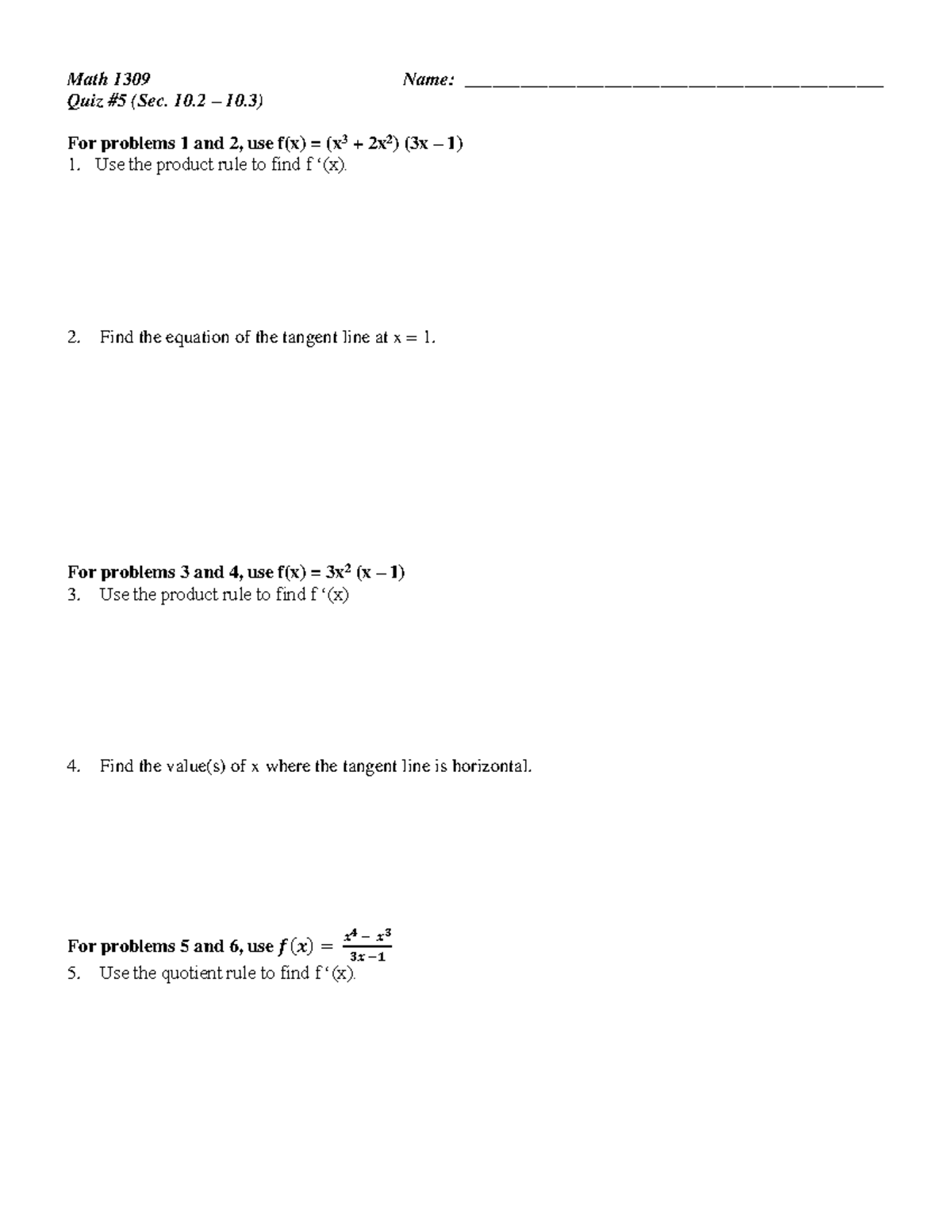 Business Calc Quiz 5 - Math 1309 Name ...