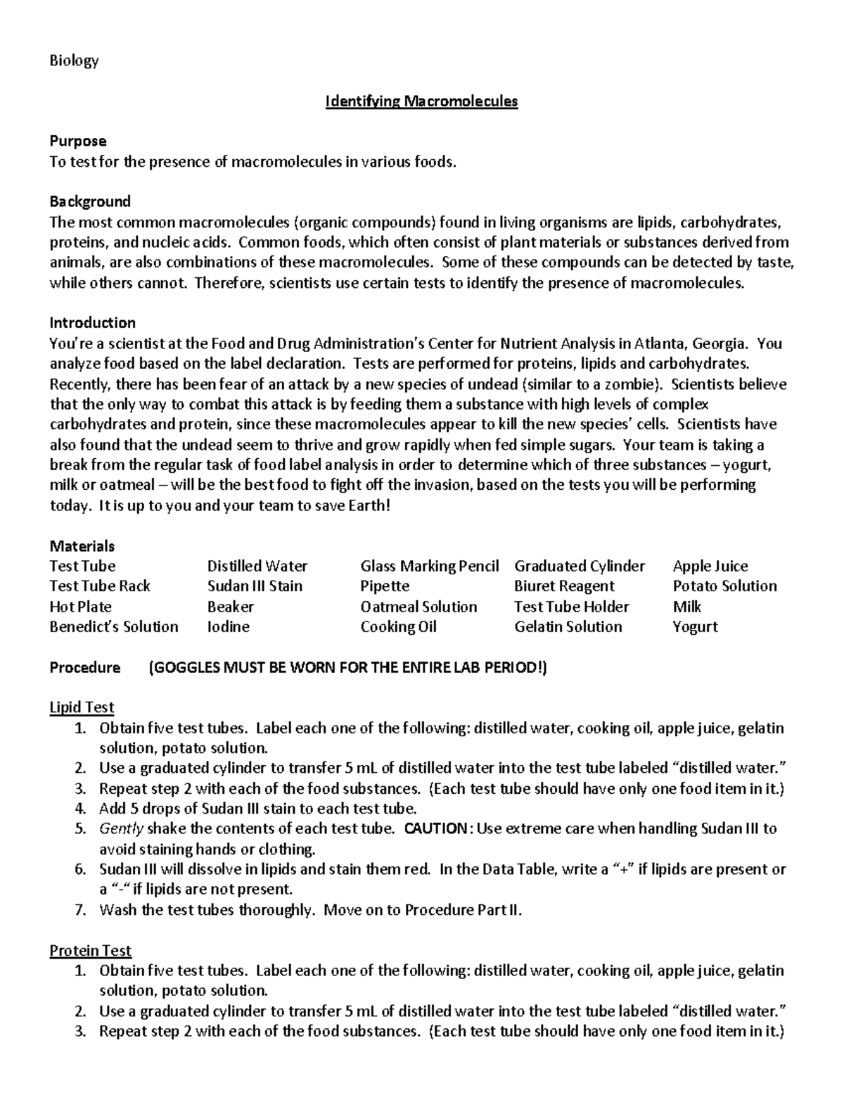 Zombie lab lab handout Biology Identifying Macromolecules Purpose