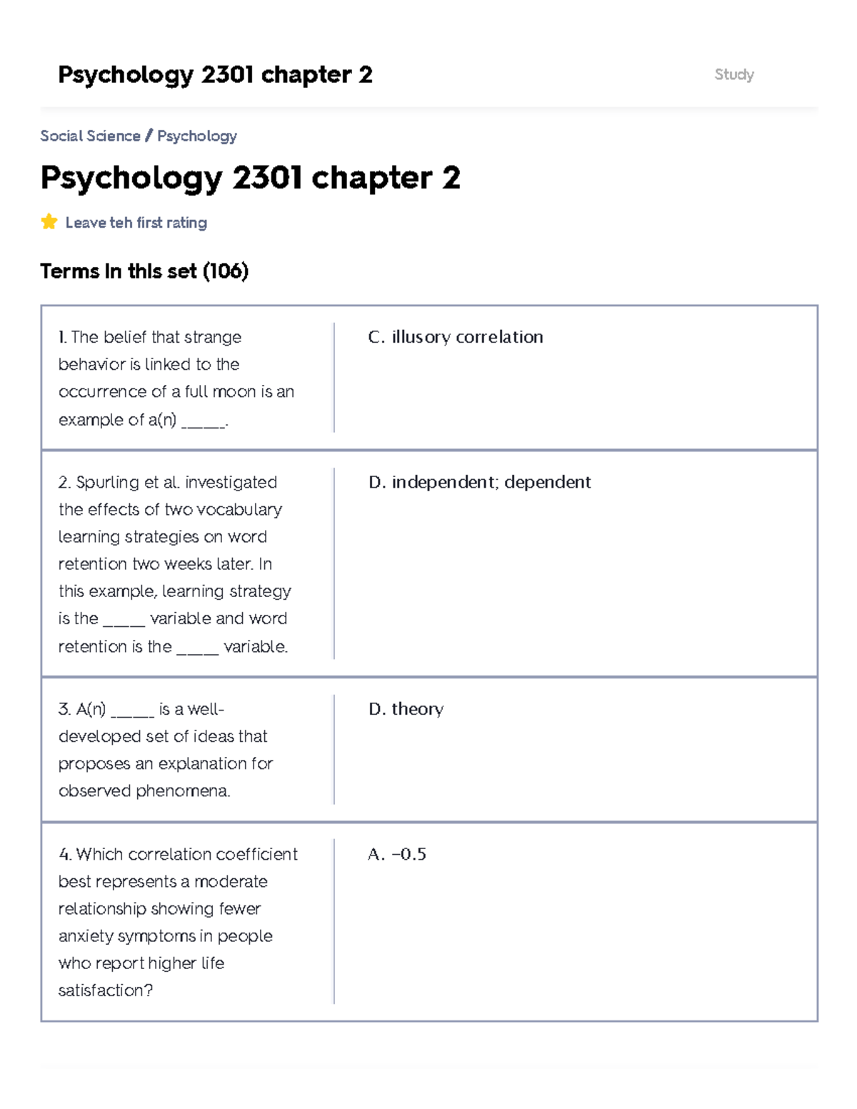 Psychology 2301 Chapter 2 - Psychology 2301 Chapter 2 Leave Teh First ...