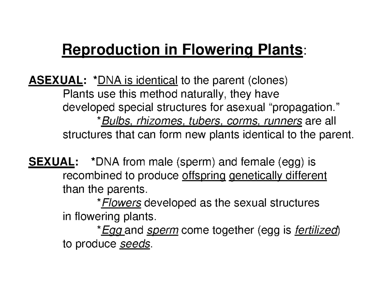 Reproduction in plants Reproduction in Flowering Plants **ASEXUAL