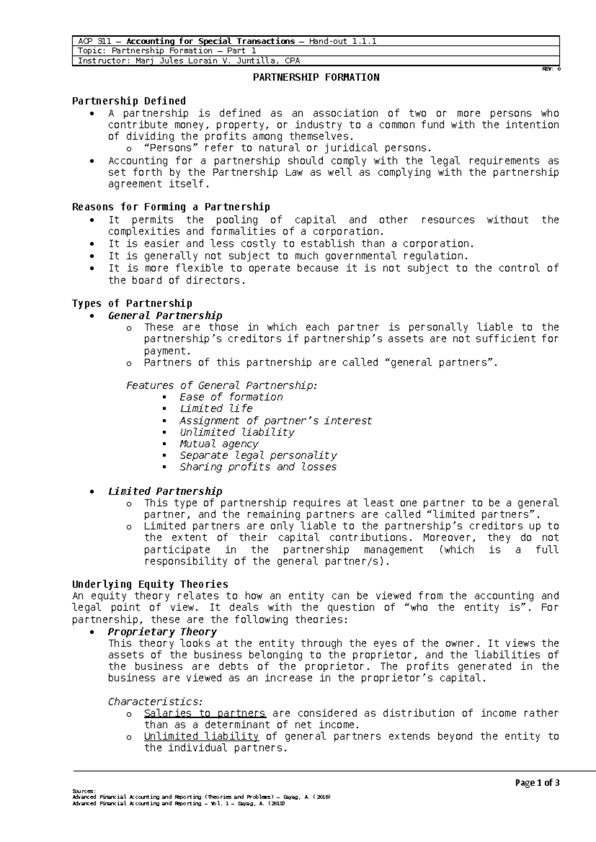 ACP 311 HO 1 - AFAR PARTNERSHIP FORMATION NOTES - ACP 311 – Accounting ...