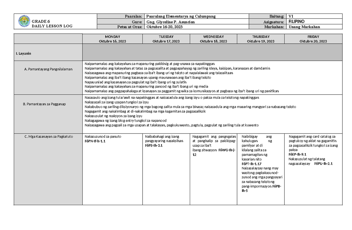 DLL Filipino 6 Q1 W8 - dll - GRADE 6 DAILY LESSON LOG Paaralan ...