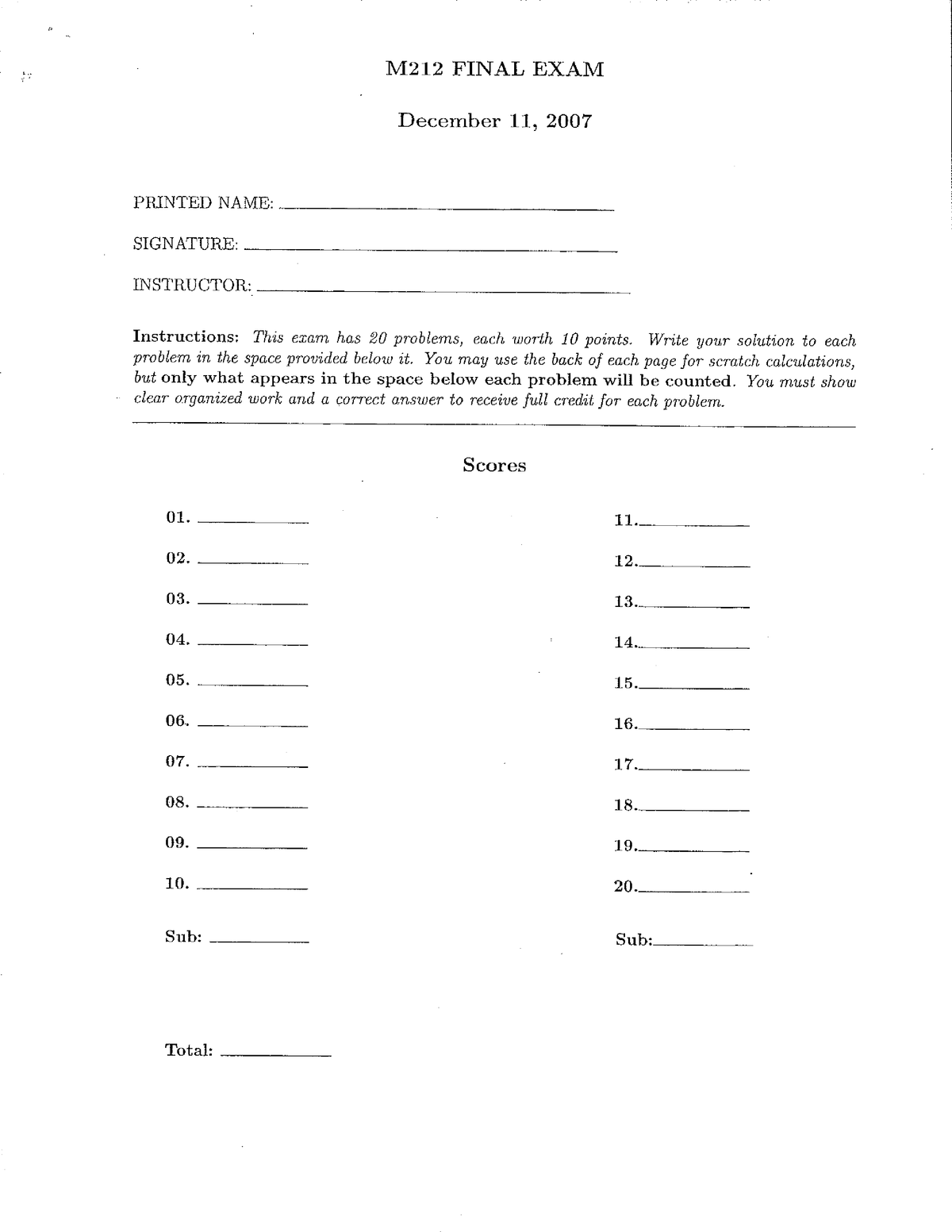 Exam 2007, Questions and Answers M212 Final Exam Fall Solutions The Sns-Brigh10