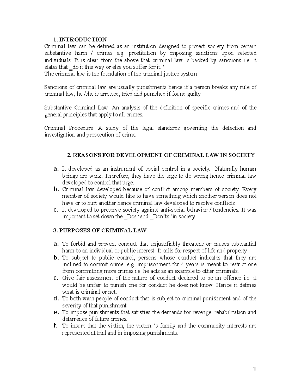 Criminal Law Notes 1 Introduction Criminal Law Can Be Defined As An Institution Designed To 6583