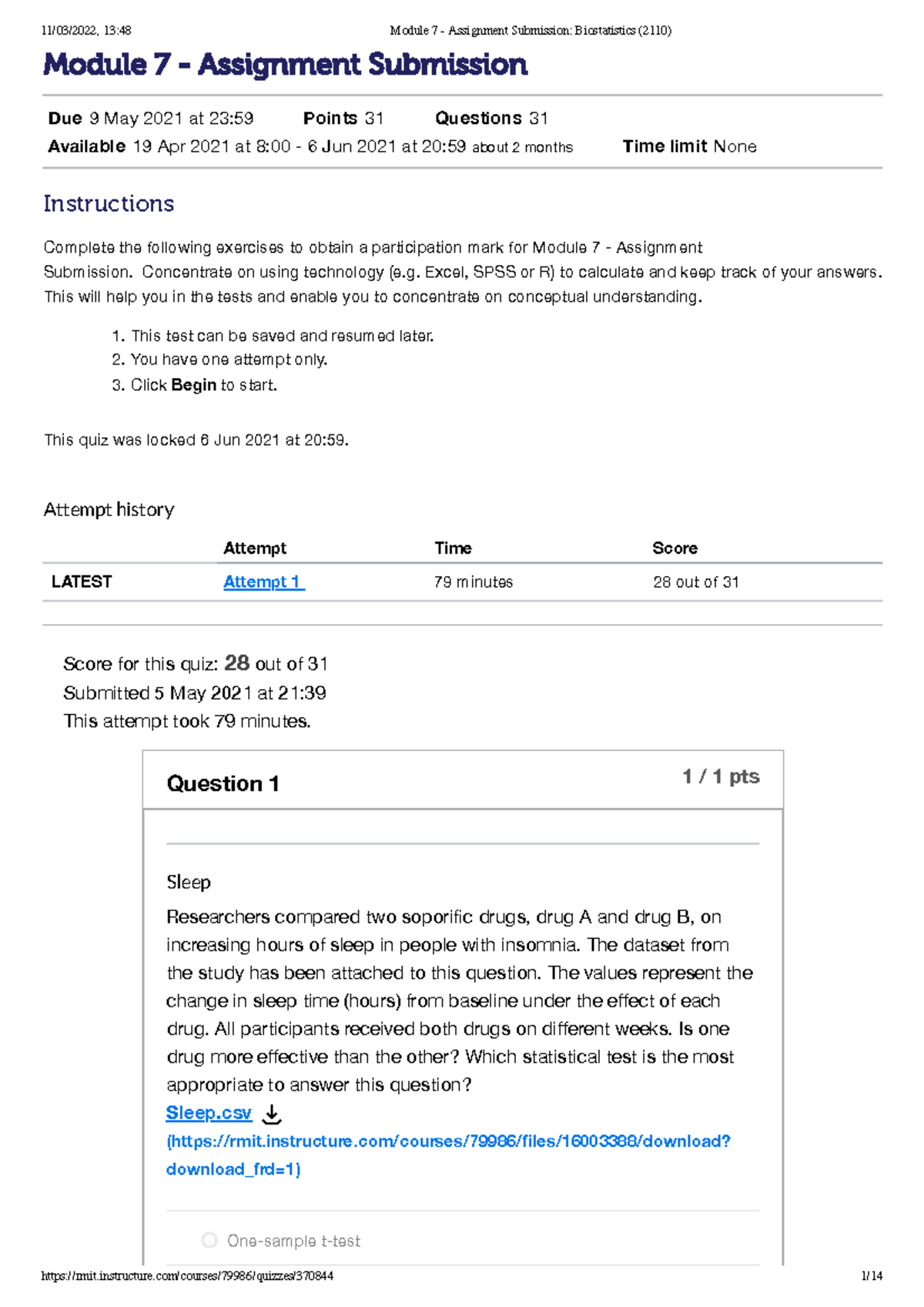 Module 7 - Assignment Submission Biostatistics (2110) - Module 7 ...