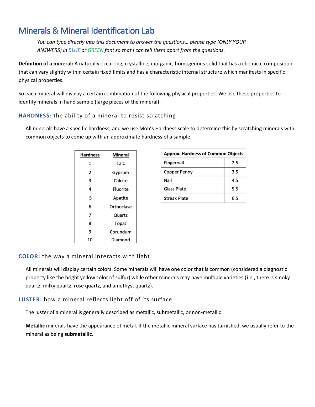 Minerals Lab - Background And Instructions - Minerals Mineral ...