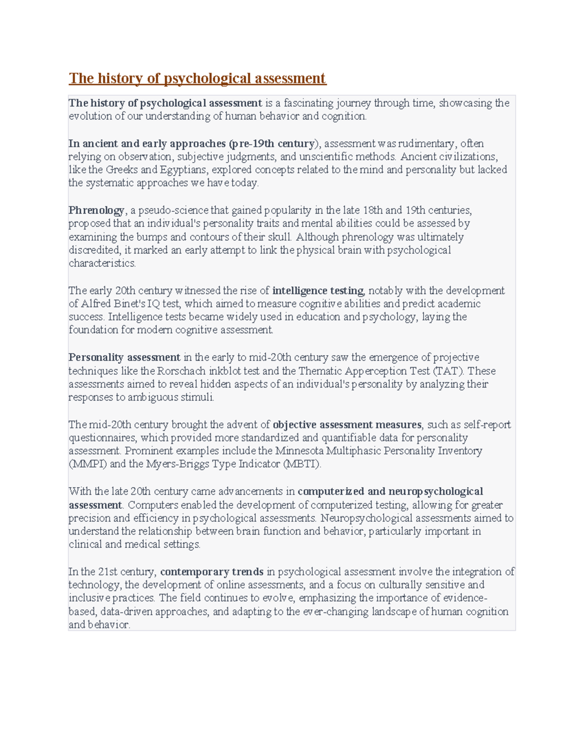 Assignment OF psychological assessment - The history of psychological ...