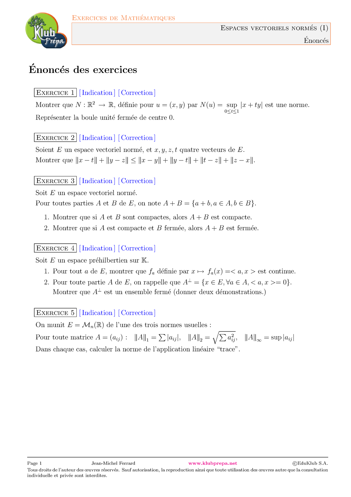 Espaces Vectoriels Normés Exercices Parties 1 - Espaces Vectoriels Norm ...