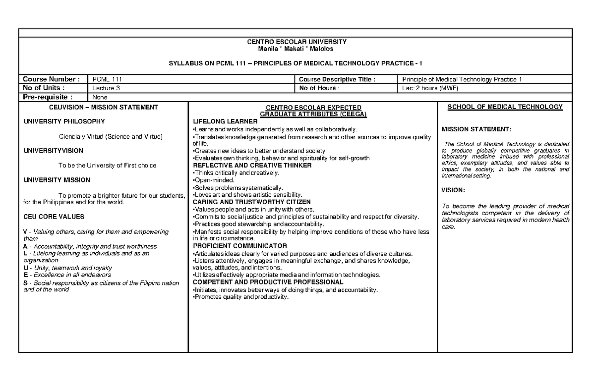 PCML 111 Principles OF Medical Technology Practice 1 - CENTRO ESCOLAR ...