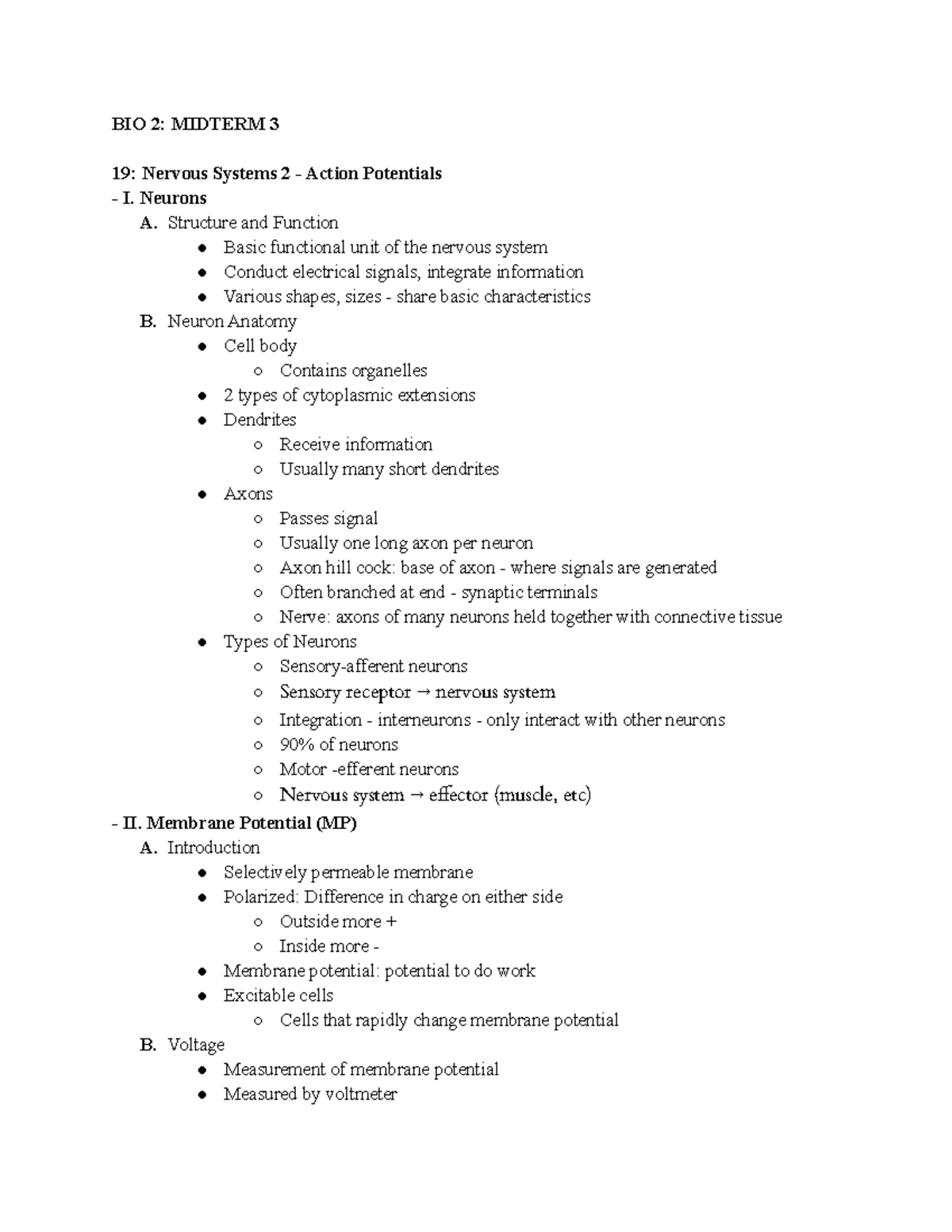 BIO2 Final Lecture notes for beal BIO 2 MIDTERM 3 **19 Nervous