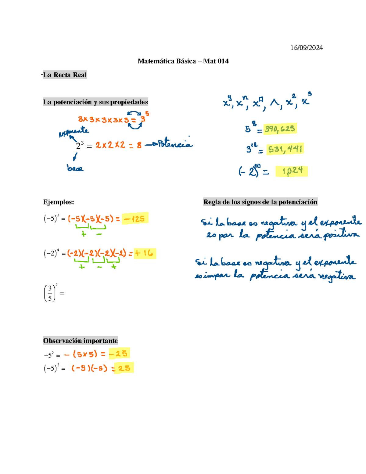 Apuntes Potenciaci Ã³n - 16 / 09 /202 4 Matemática Básica – Mat 014 La ...