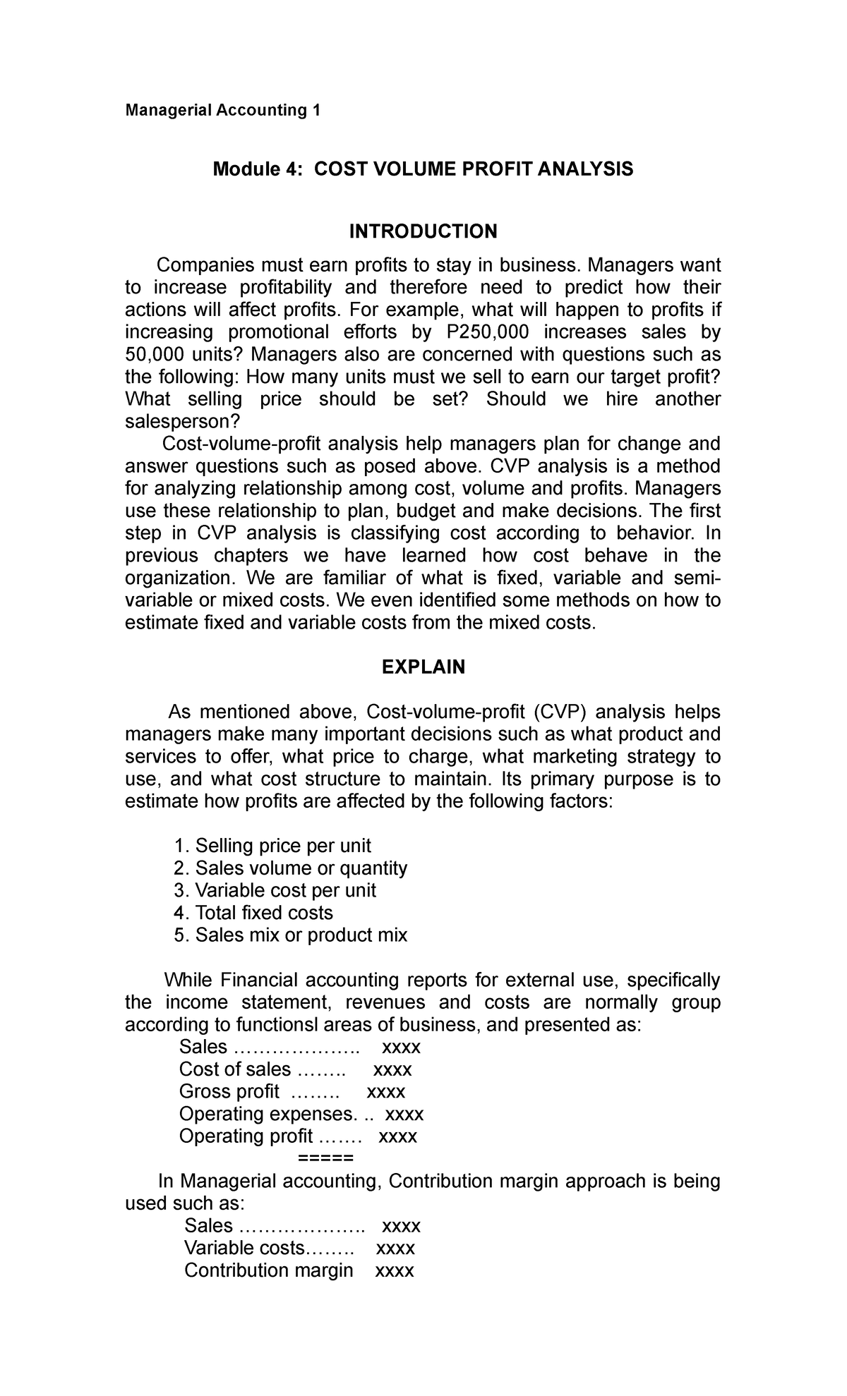 Cost Volume Profit Analysis - Managerial Accounting 1 Module 4: COST ...