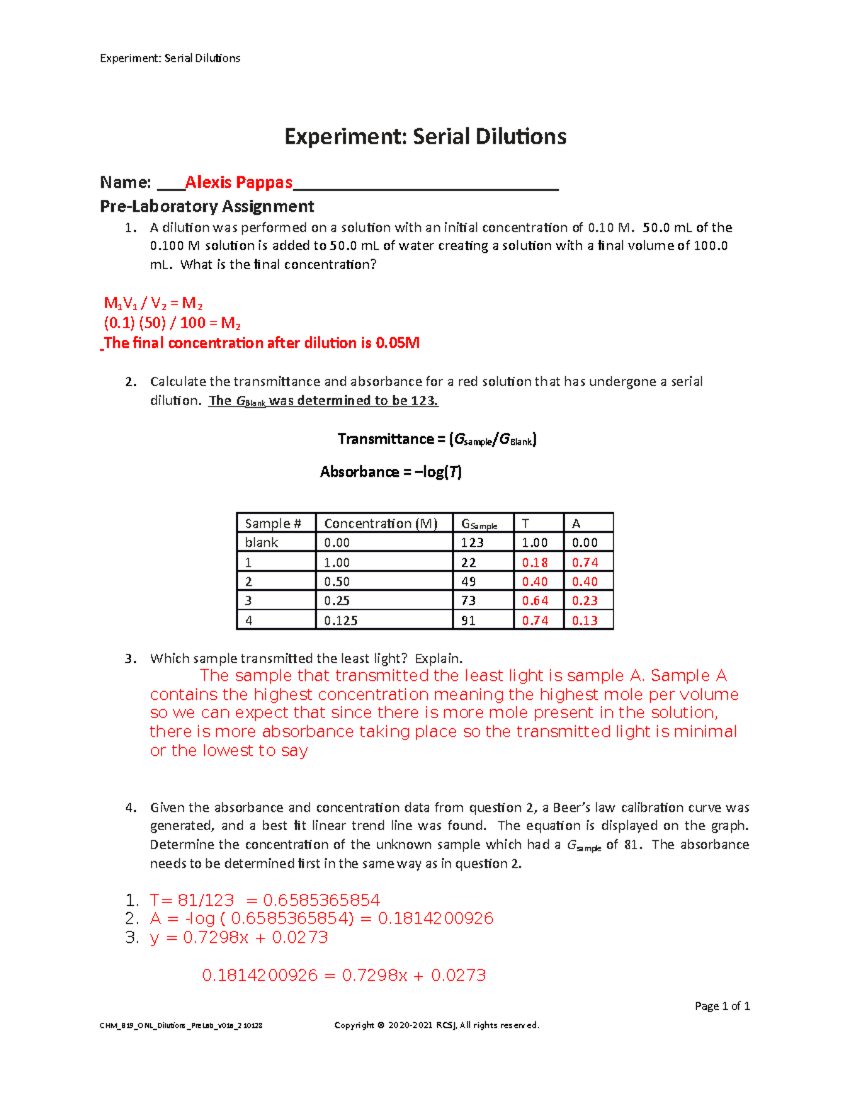 Serial Dilutions Prelab Experiment Serial Dilutions Experiment