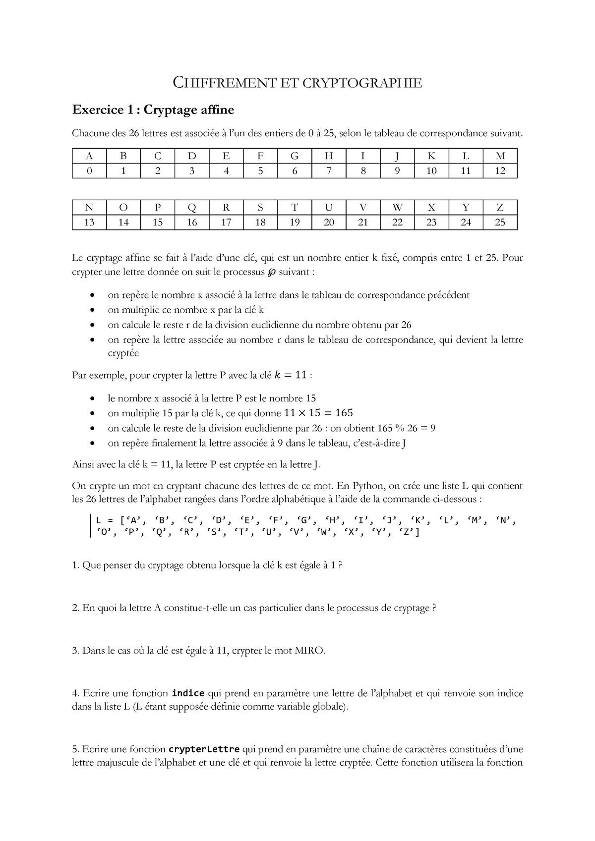 07-Chiffrement Et Cryptographie - CHIFFREMENT ET CRYPTOGRAPHIE Exercice ...