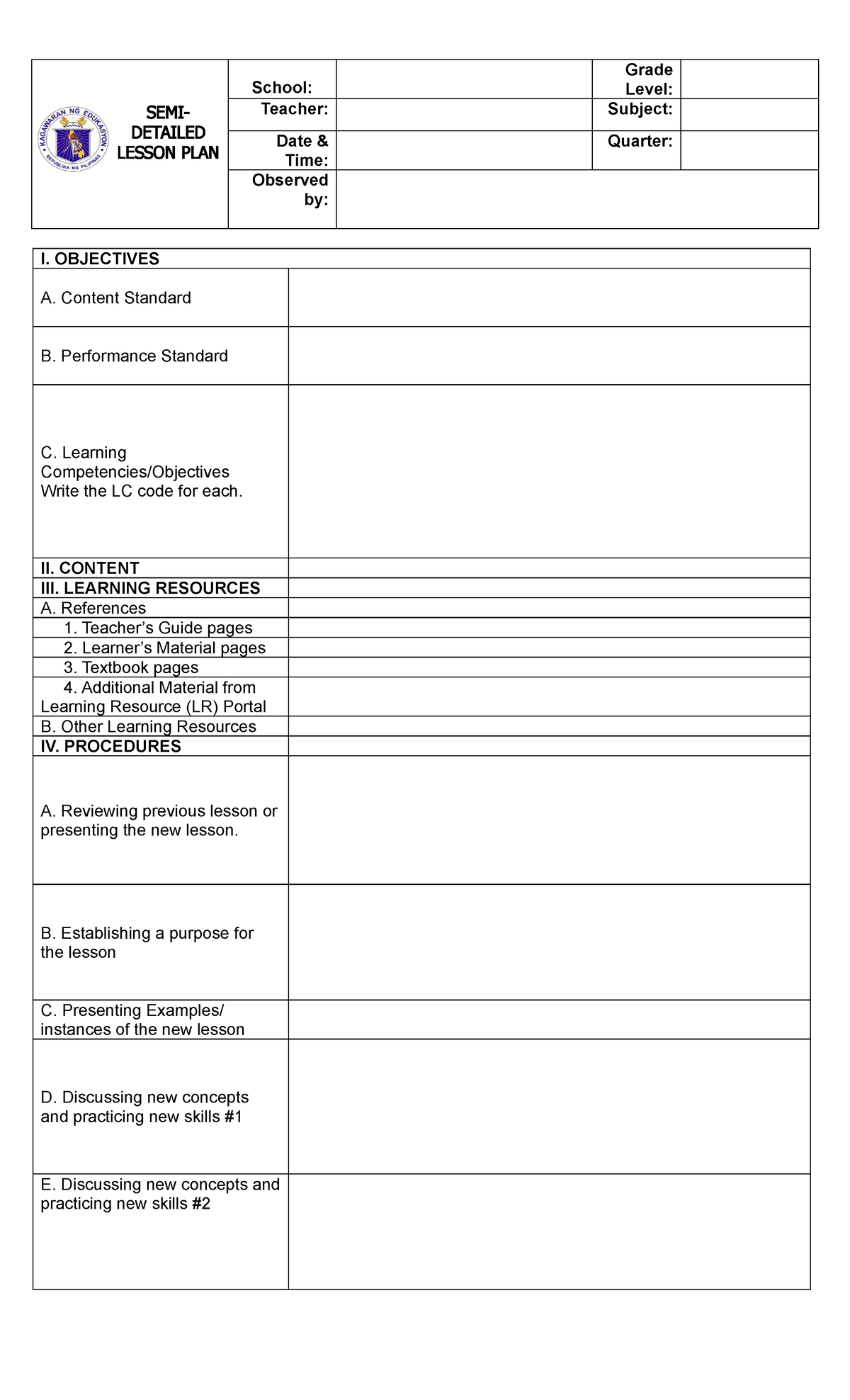 SEMI Detailed Format - To help other students - School: Grade Level ...