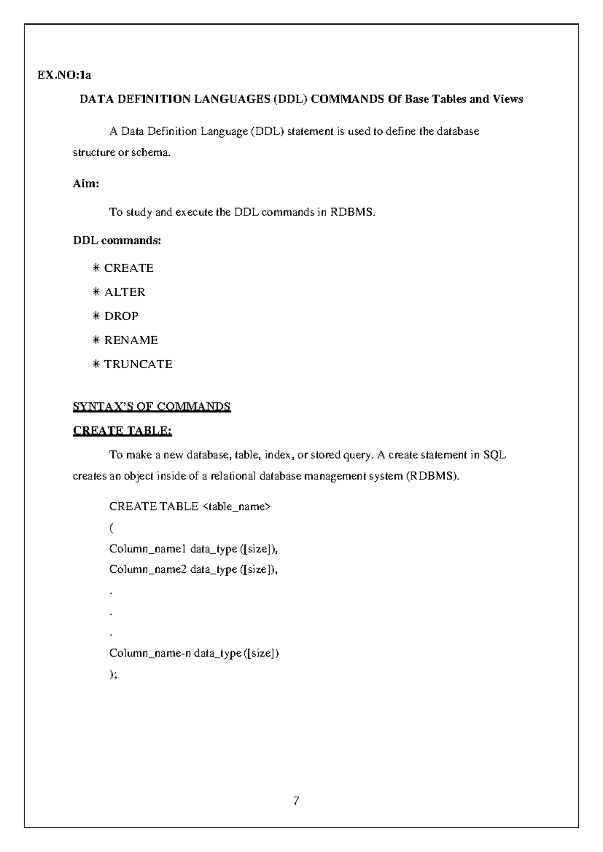 data manipulation command - EX:1a DATA DEFINITION LANGUAGES (DDL ...