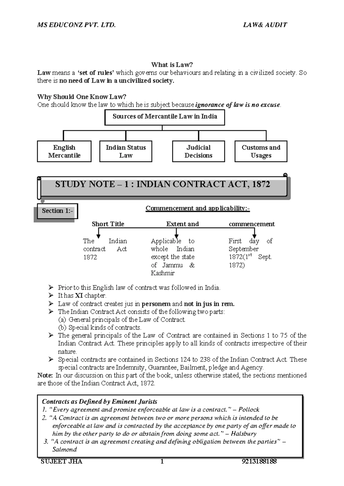 LAW OF Contract 1 SEM 1 Notes midsem - LAW OF CONTRACT 1 SEM 1 NOTES ...