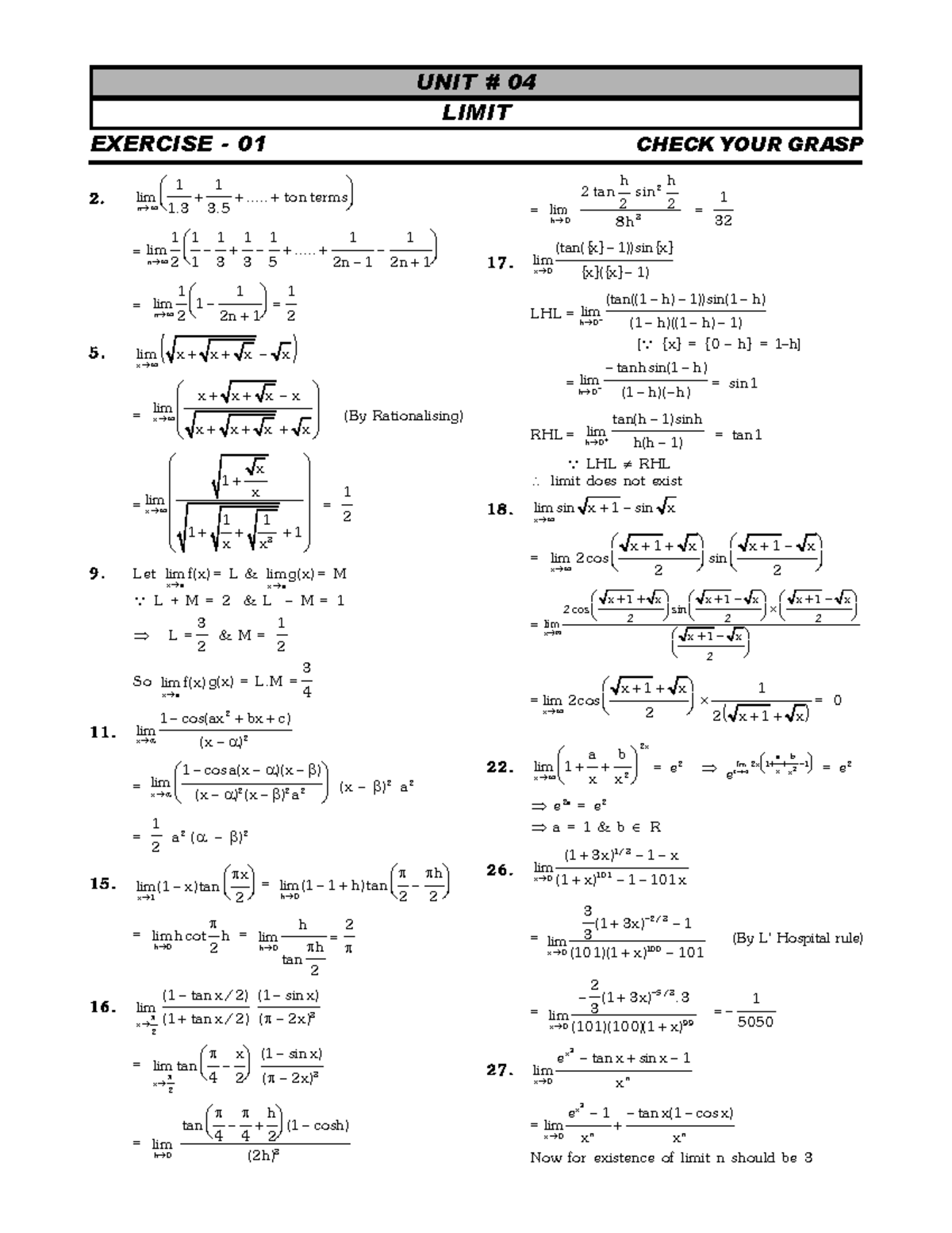 01-limit - n 1 1 lim ..... to n terms 1 3. = n 1 - Studocu