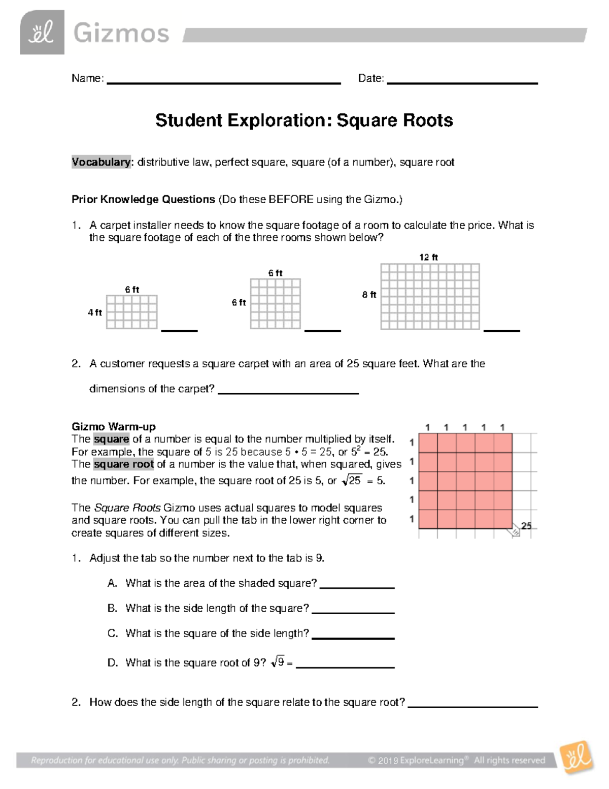 Square Roots SE - Name: Date: Student Exploration: Square Roots ...