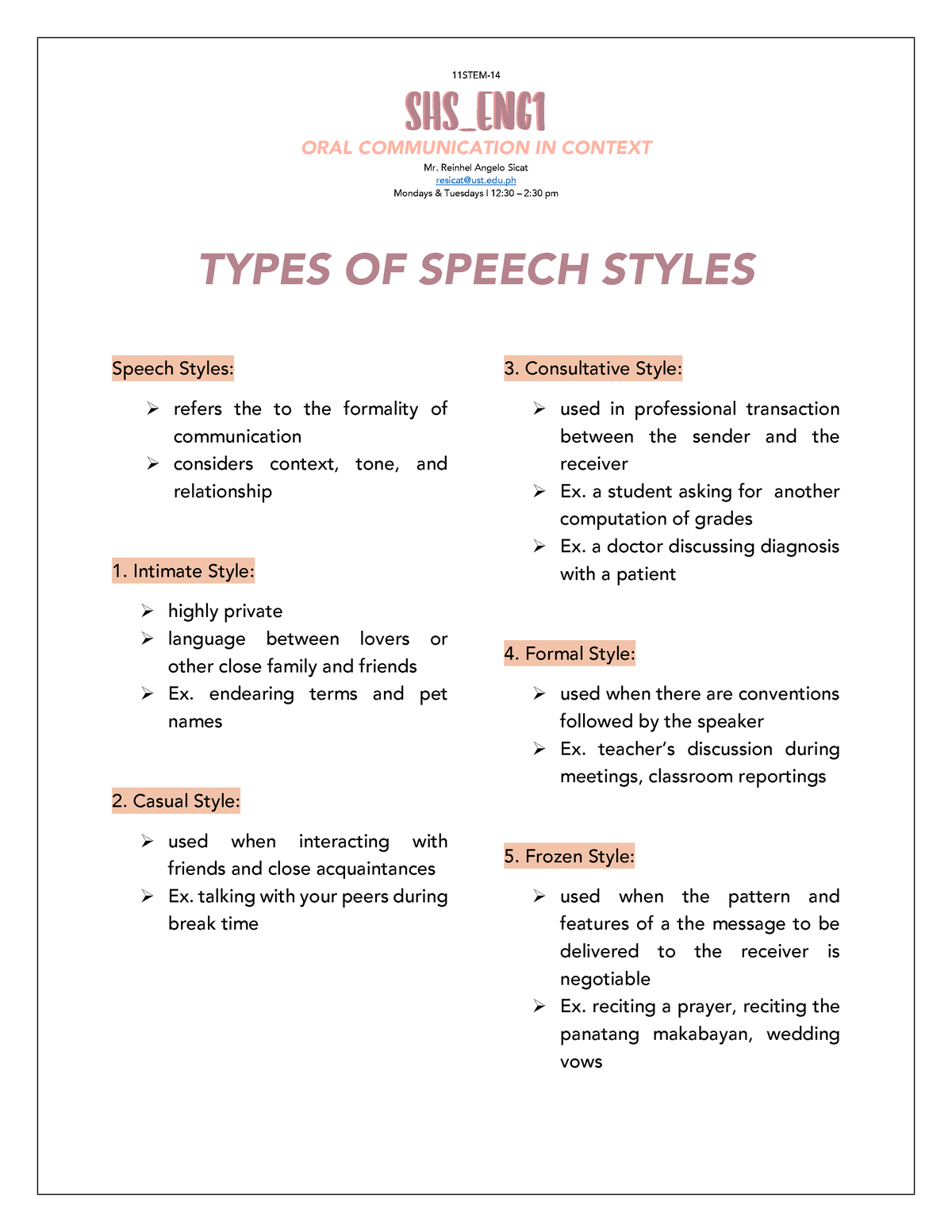 oral communication speech style module