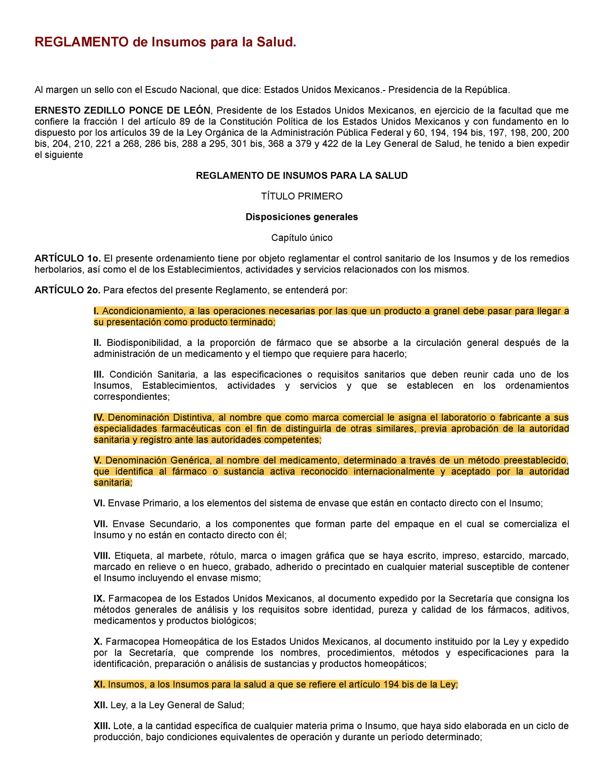 Reglamento DE Insumos PARA LA Salud REGLAMENTO de Insumos para la