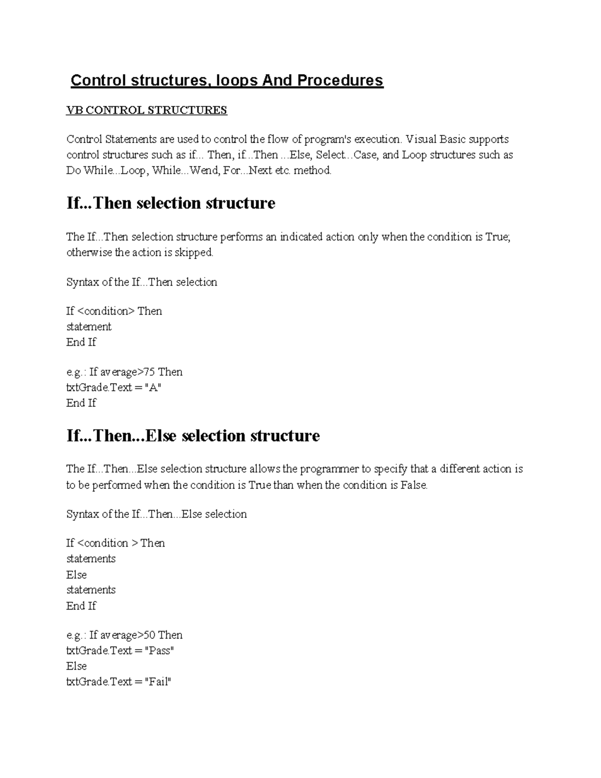 Lesson 3 Procedures Control structures and loops - Control structures ...
