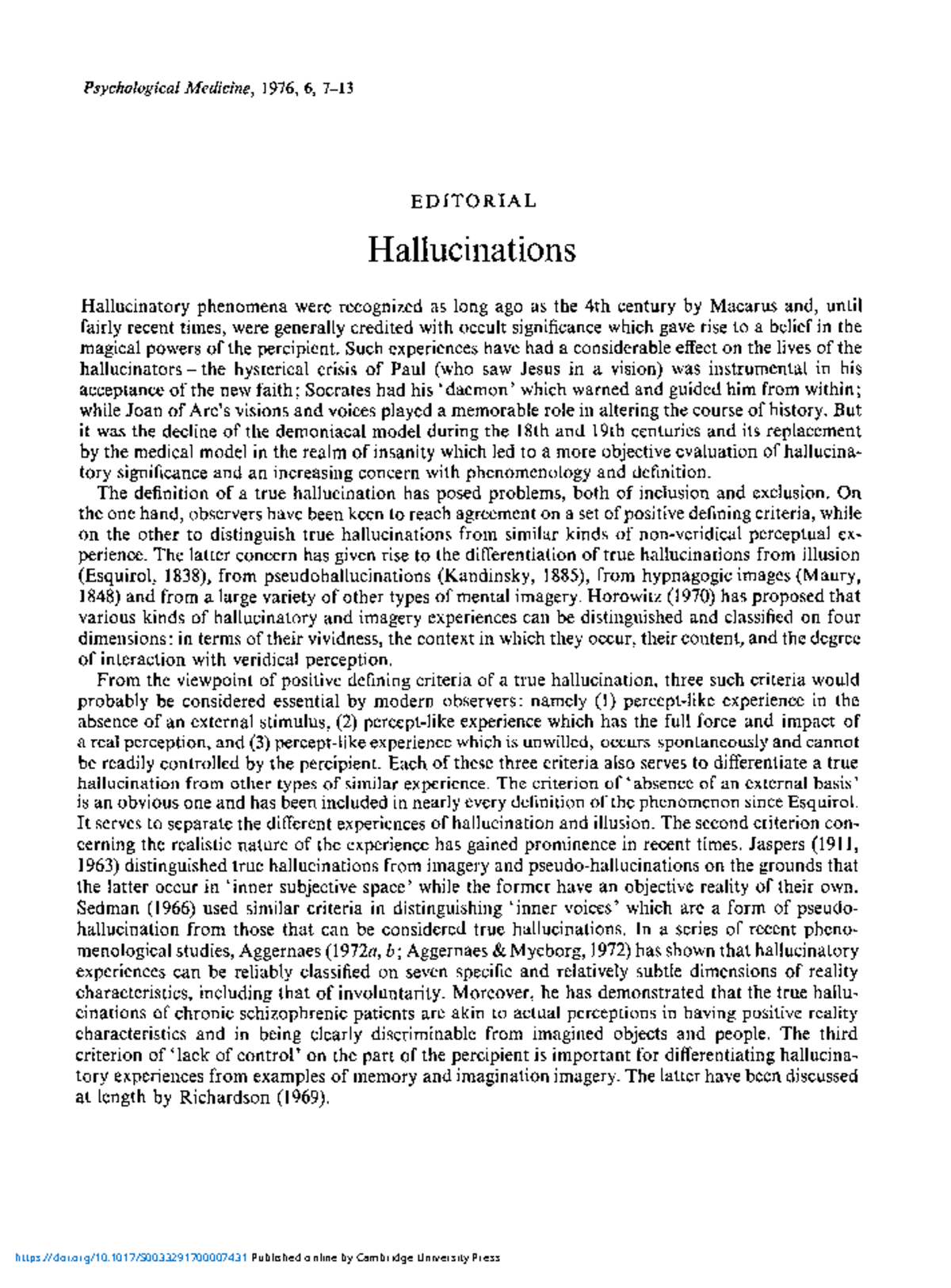 Hallucinations - Psychological Medicine, 1976, 6, 7- EDITORIAL ...