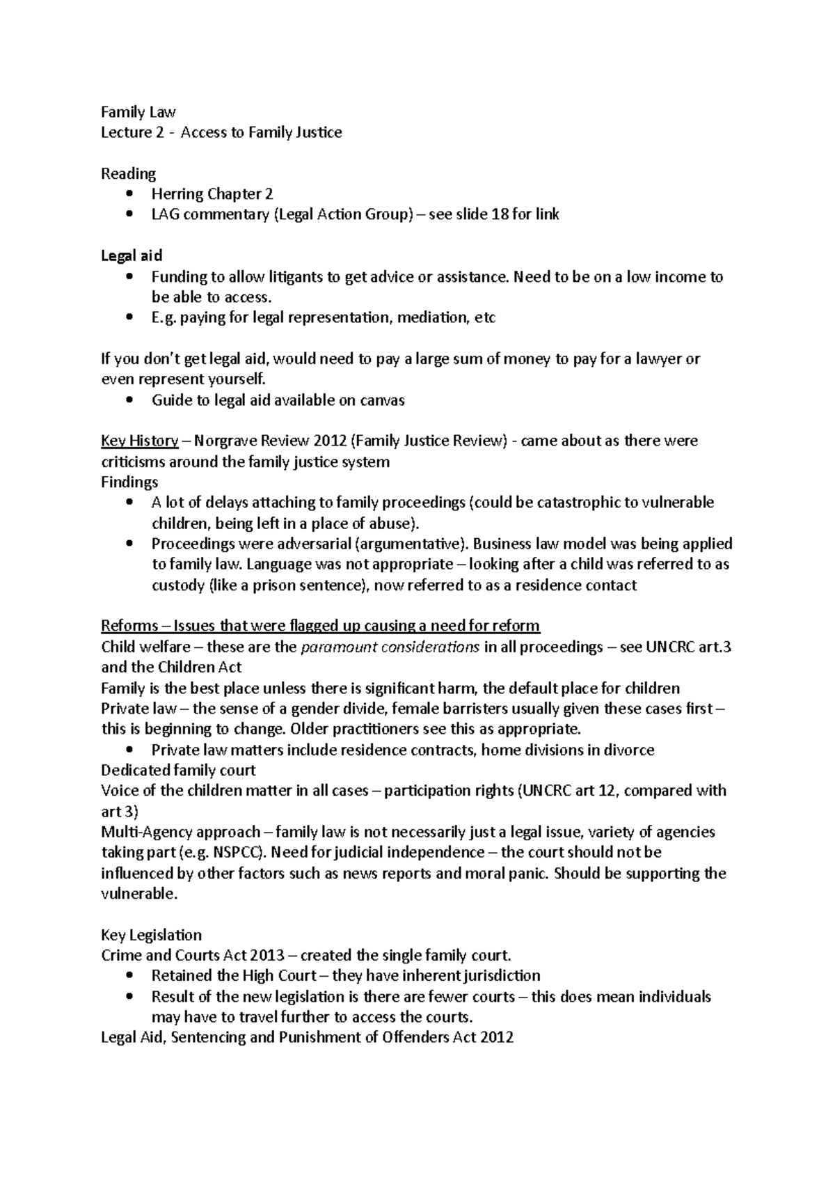 Lecture 2 notes - family justice - Family Law Lecture 2 - Access to ...