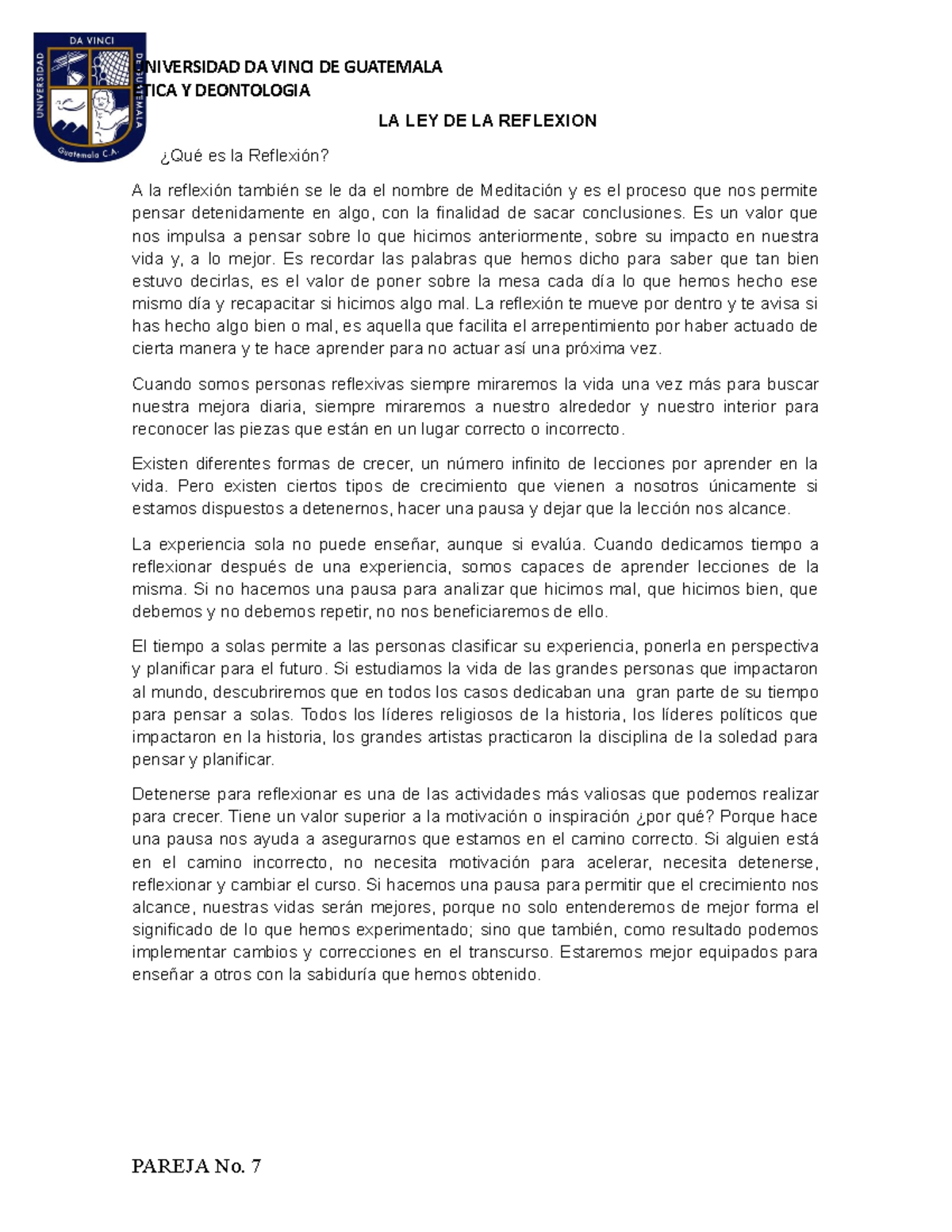LEY DE LA Reflexion Resumen - UNIVERSIDAD DA VINCI DE GUATEMALA ETICA Y ...