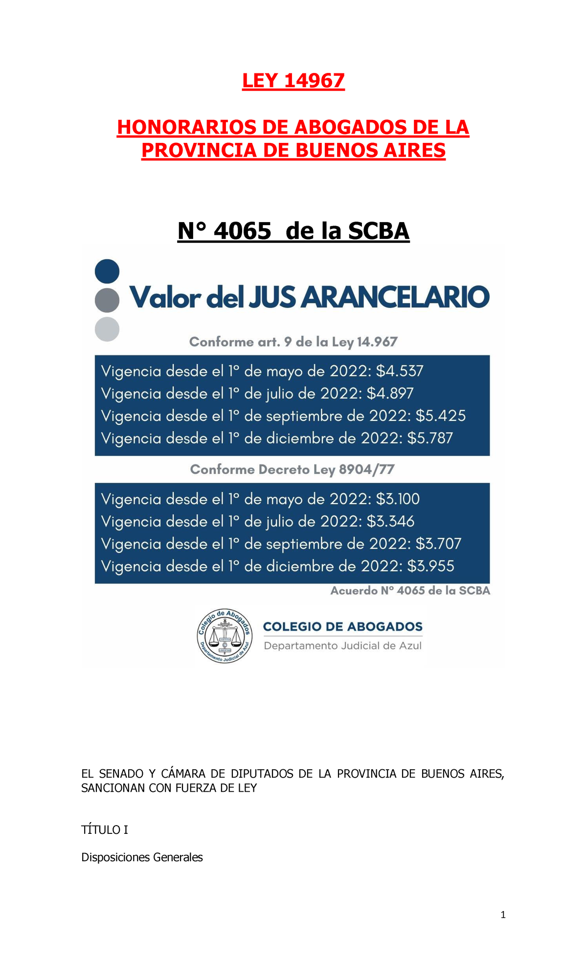 LEY DE Honorarios - LEY 14967 HONORARIOS DE ABOGADOS DE LA PROVINCIA DE ...
