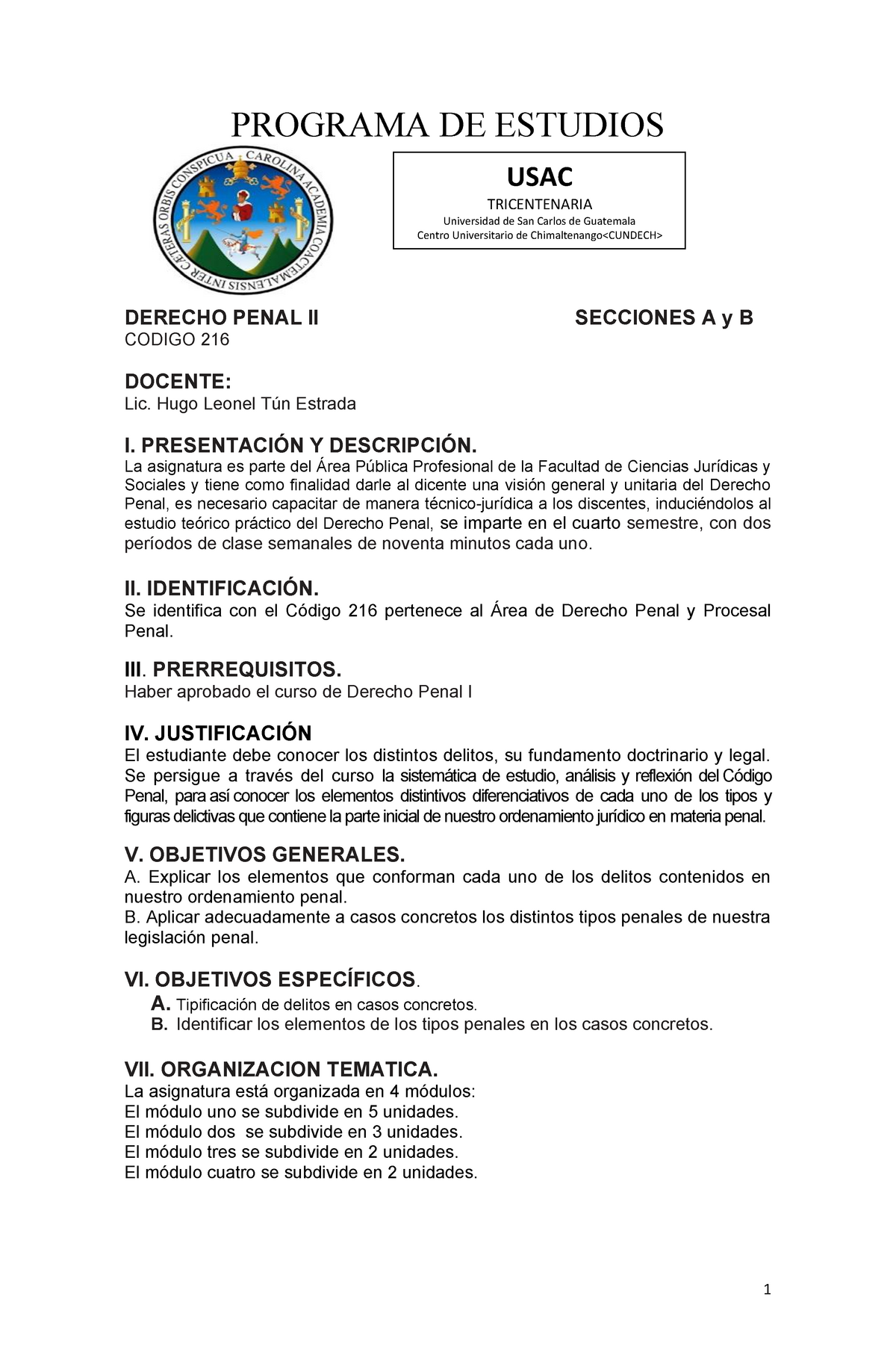 Programa Derecho Penal II Warning TT Undefined Function PROGRAMA DE ESTUDIOS P RAMA