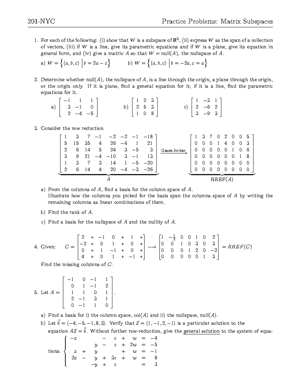 Practice-Matrix Subspaces - 201-NYC Practice Problems: Matrix Subspaces ...