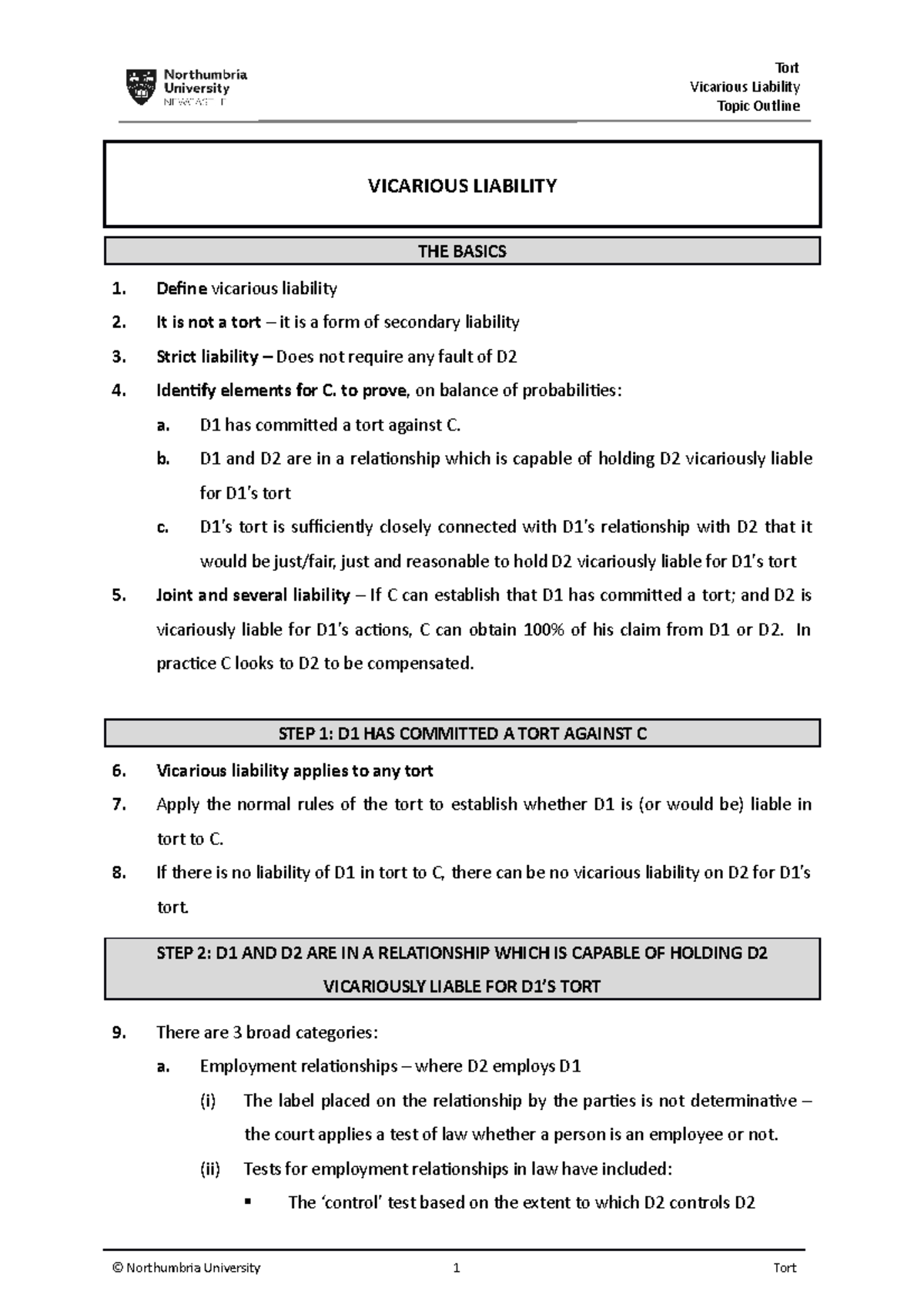 Vicarious Liability - Topic outline - VICARIOUS LIABILITY THE BASICS 1 ...
