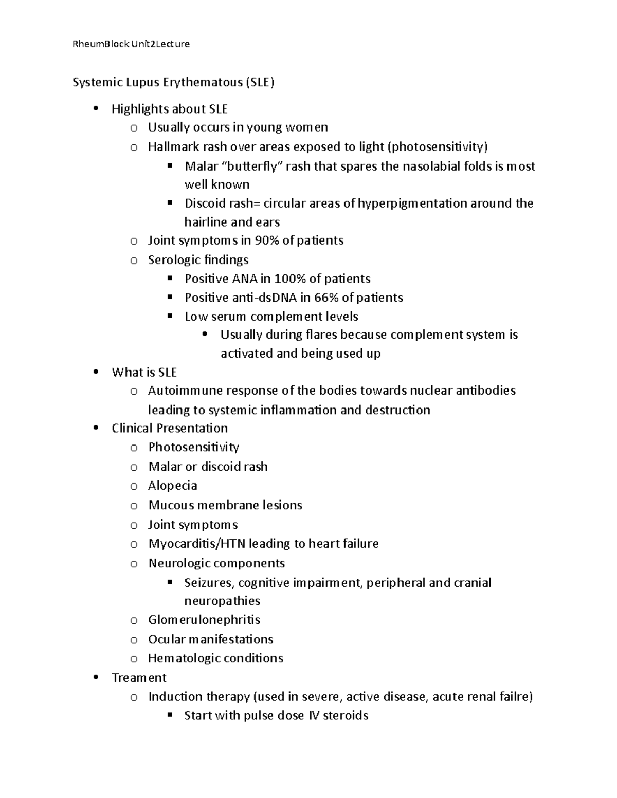 Unit2Lecture 9SLE - This material was covered for the rheumatology test ...