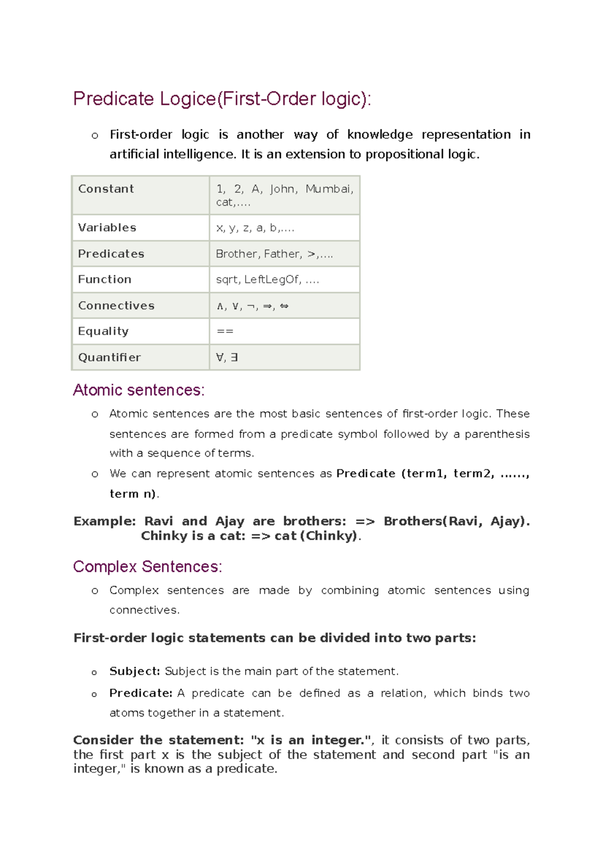 Predicate Logic - Unit Iv Notes - Predicate Logice(First-Order Logic ...